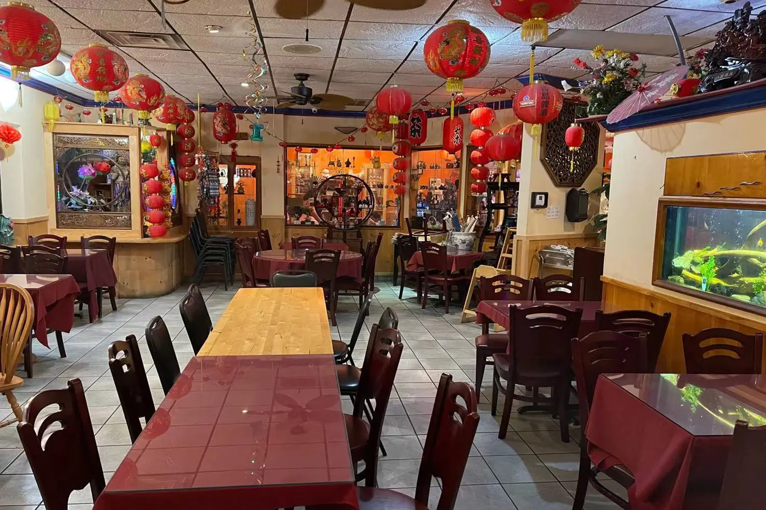 Wide view of interior dining room with varied tables at Beijing Restaurant，a Chinese Restaurant in San Antonio