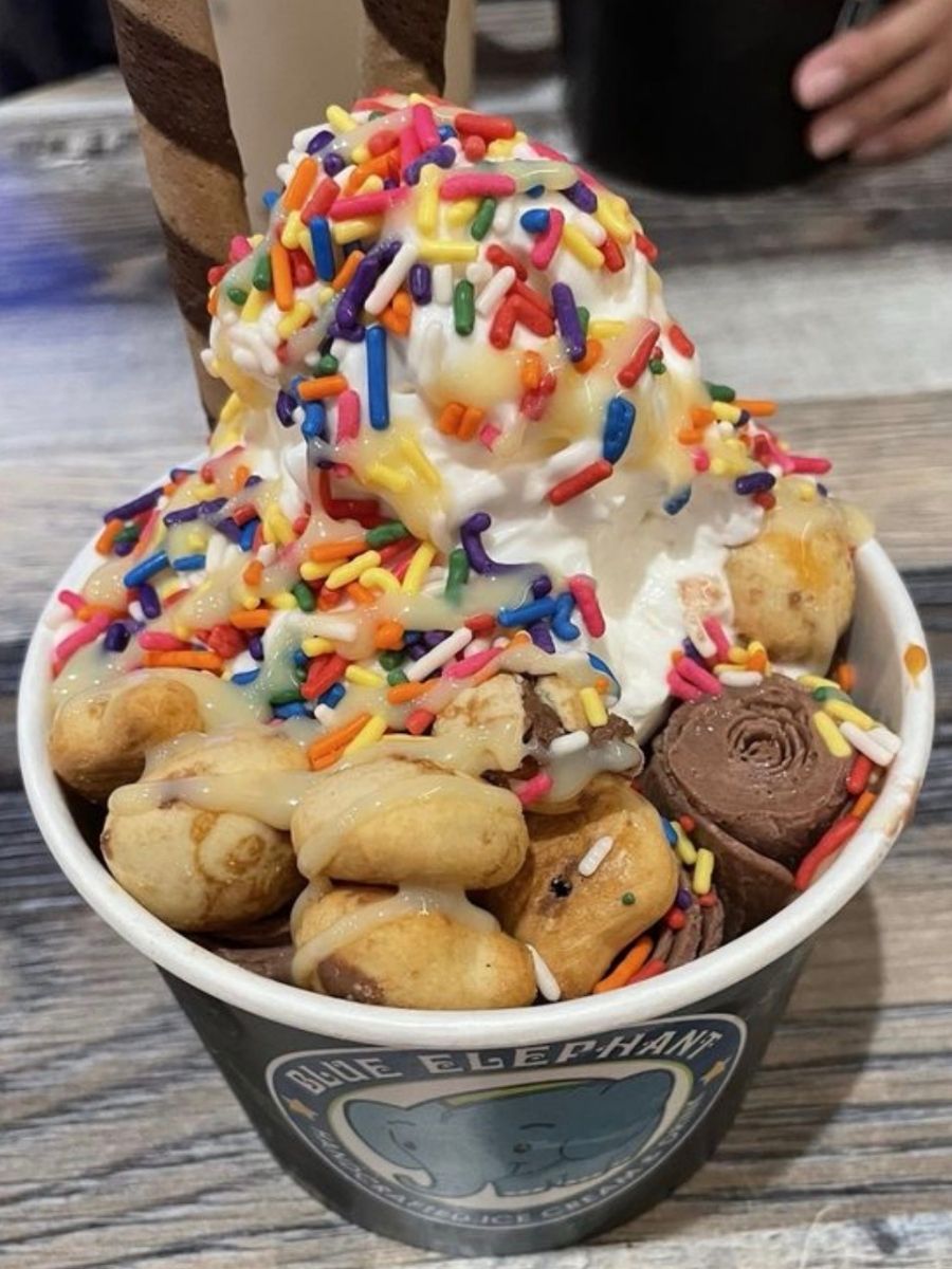 Colorful ice cream sundae with sprinkles and toppings at Blue Elephant Thai Ice Cream and Drink, a Ice cream shop in Murrieta