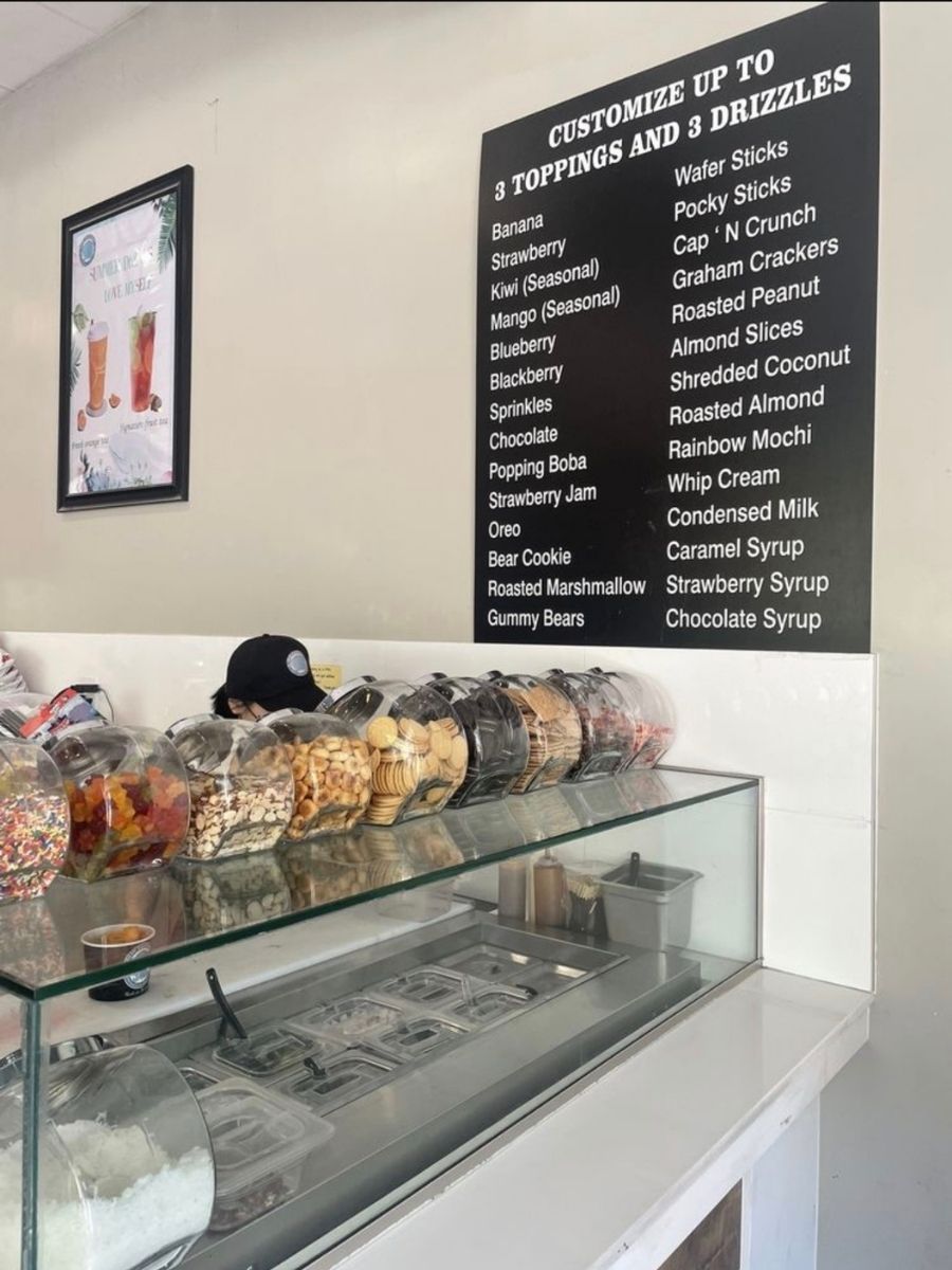 Customizable toppings and drizzles display at Blue Elephant Thai Ice Cream and Drink, a Ice cream shop in Murrieta