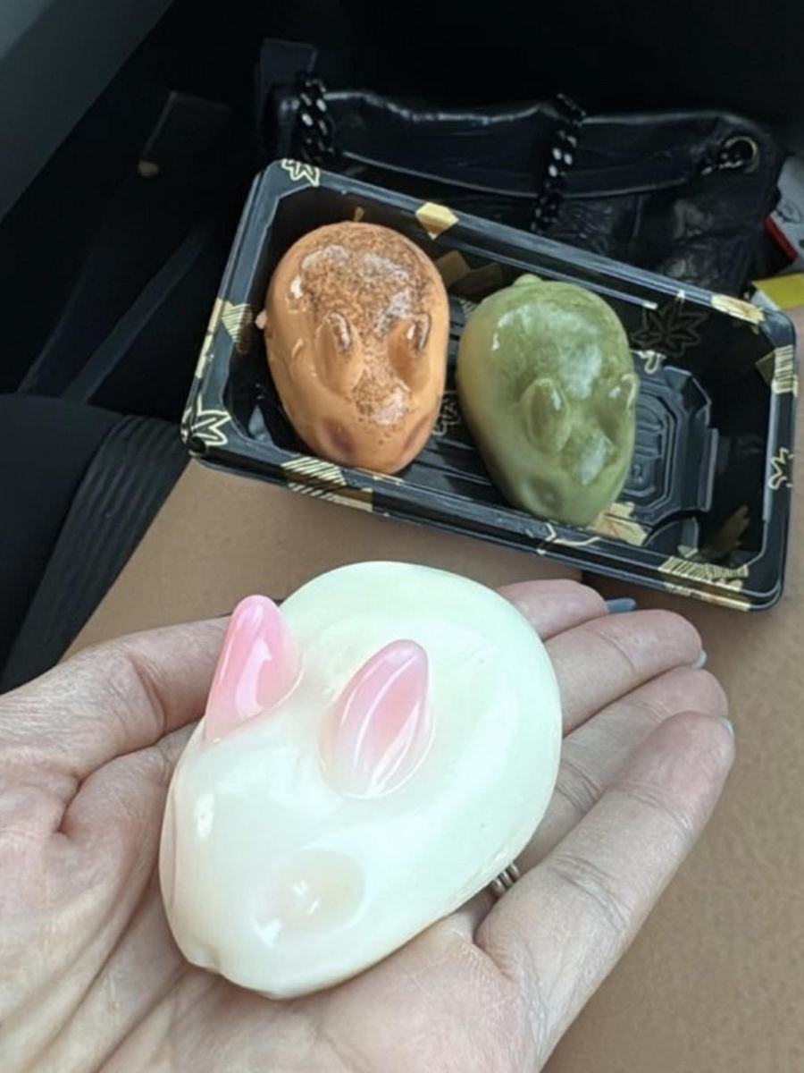 Cute rabbit-shaped mochi desserts in three colors at Blue Elephant Thai Ice Cream and Drink, a Ice cream shop in Murrieta