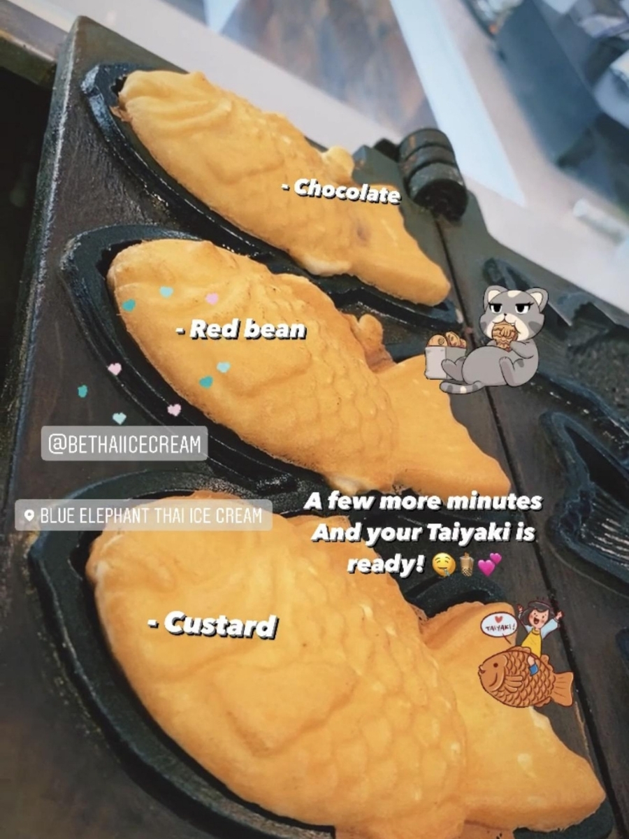 Freshly made taiyaki with chocolate, red bean, custard fillings at Blue Elephant Thai Ice Cream and Drink, a Ice cream shop in Murrieta