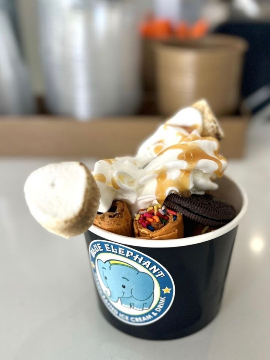 Loaded ice cream sundae with marshmallow and toppings at Blue Elephant Thai Ice Cream and Drink, a Ice cream shop in Murrieta