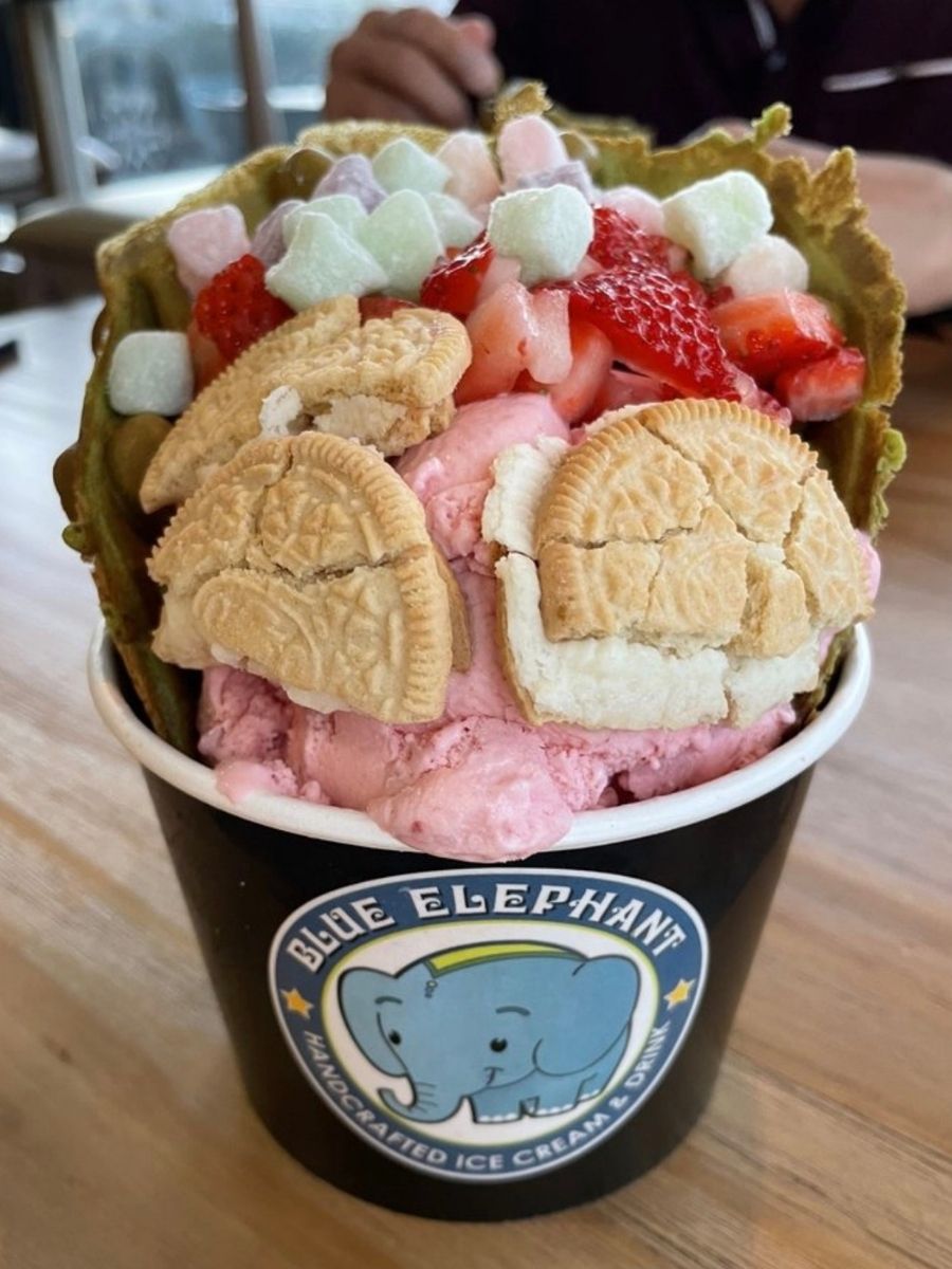 Strawberry ice cream with waffle and fruits at Blue Elephant Thai Ice Cream and Drink, a Ice cream shop in Murrieta