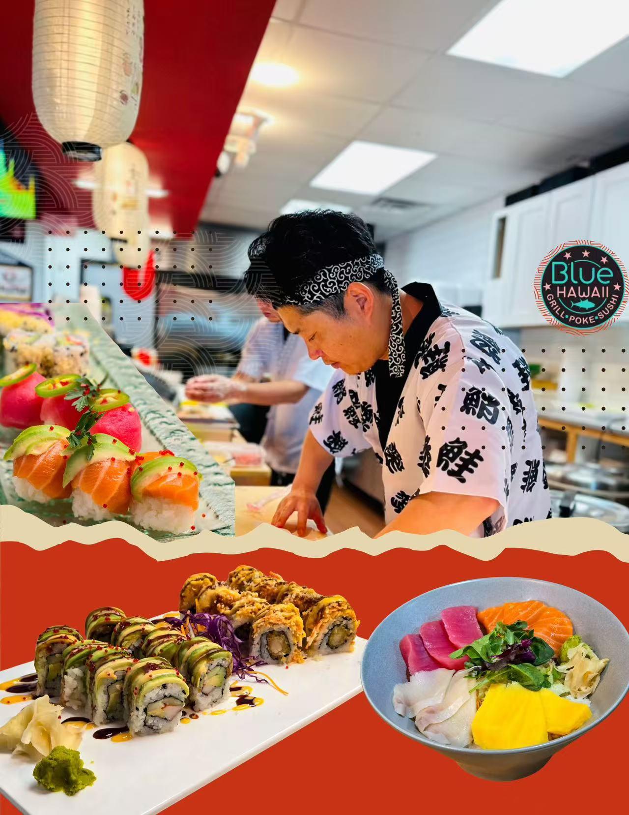 Chef making sushi at counter; sushi rolls & poke bowl (salmon, tuna, mango) displayed.