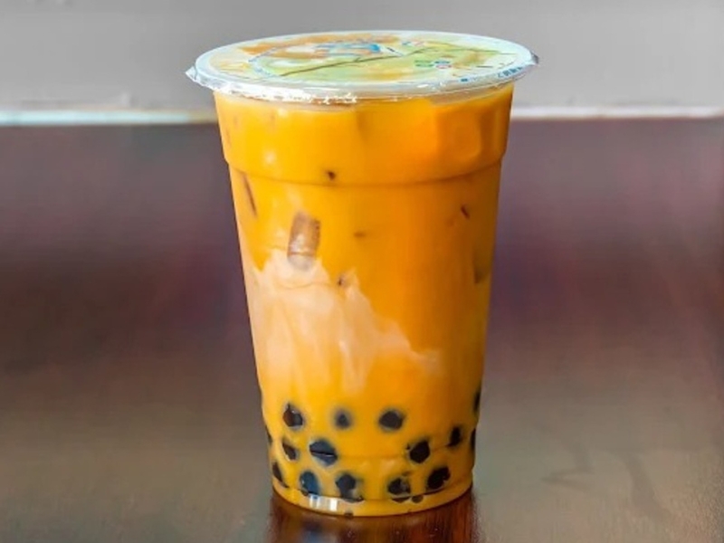 Creamy Thai milk tea with tapioca pearls and ice at Boba Loca, a Cafe in Valley Glen