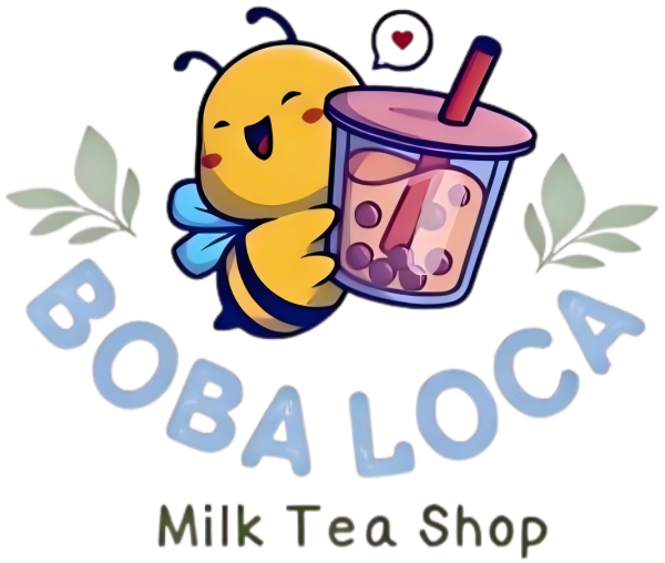 Cute cartoon bee logo holding boba tea at Boba Loca, a Cafe in Valley Glen