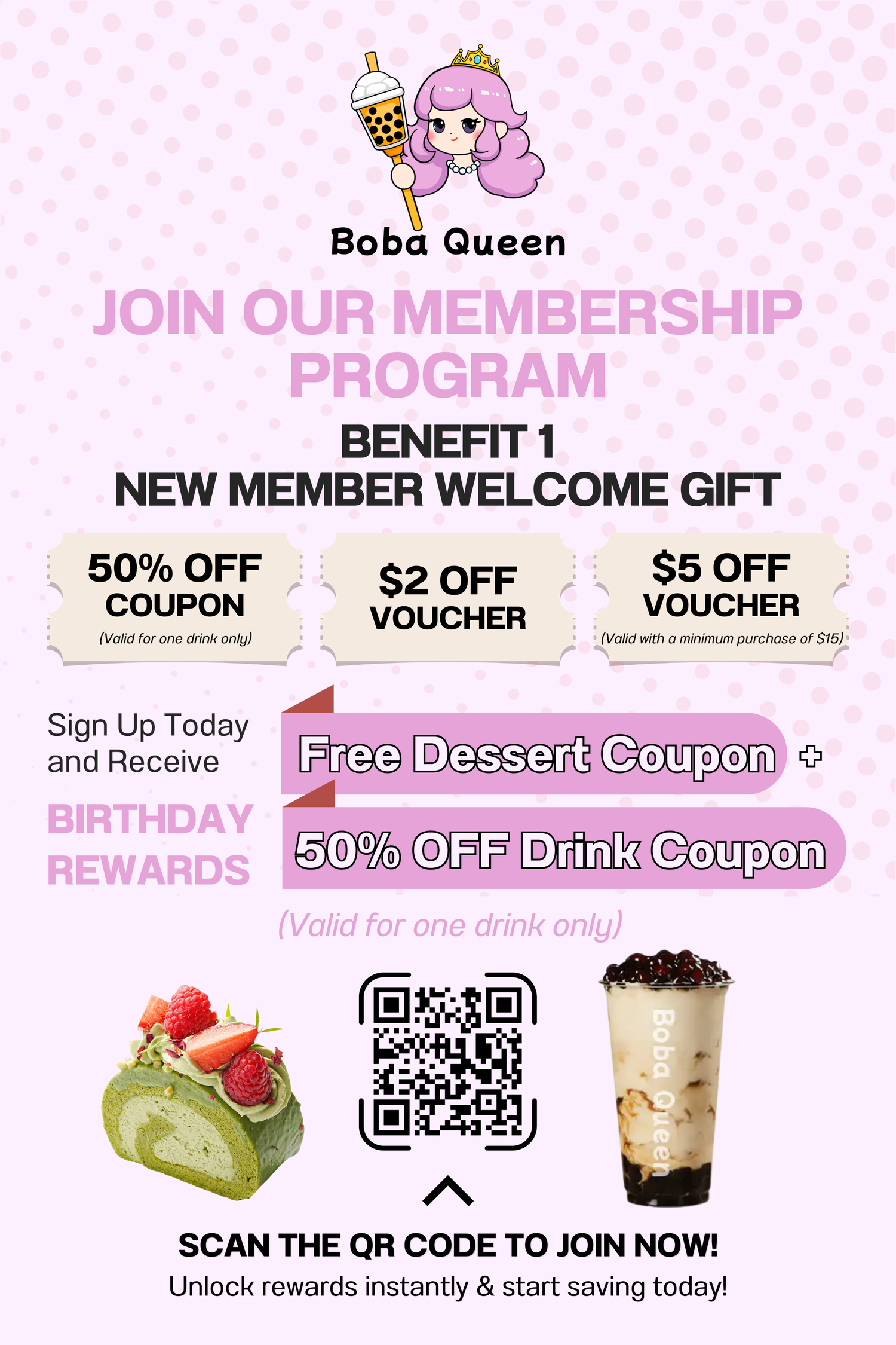 Boba Queen membership promo—welcome gifts, birthday rewards, QR code to join.