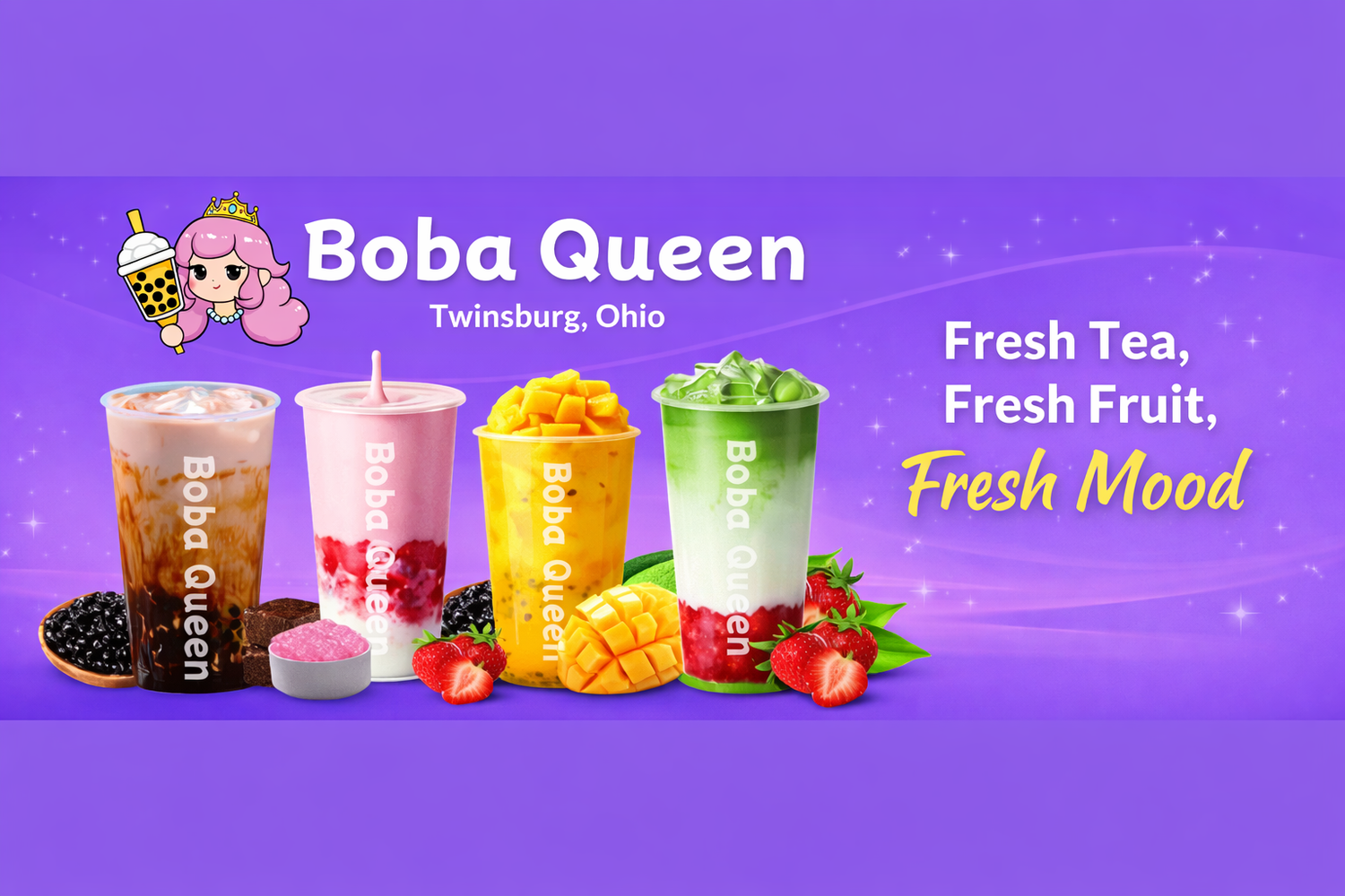 Boba Queen (Twinsburg, Ohio): four colorful bubble teas with fresh fruit, boba, and toppings on purple background.