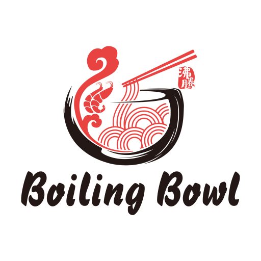 Boiling Bowl logo with a red-and-black noodle bowl, shrimp, and chopsticks