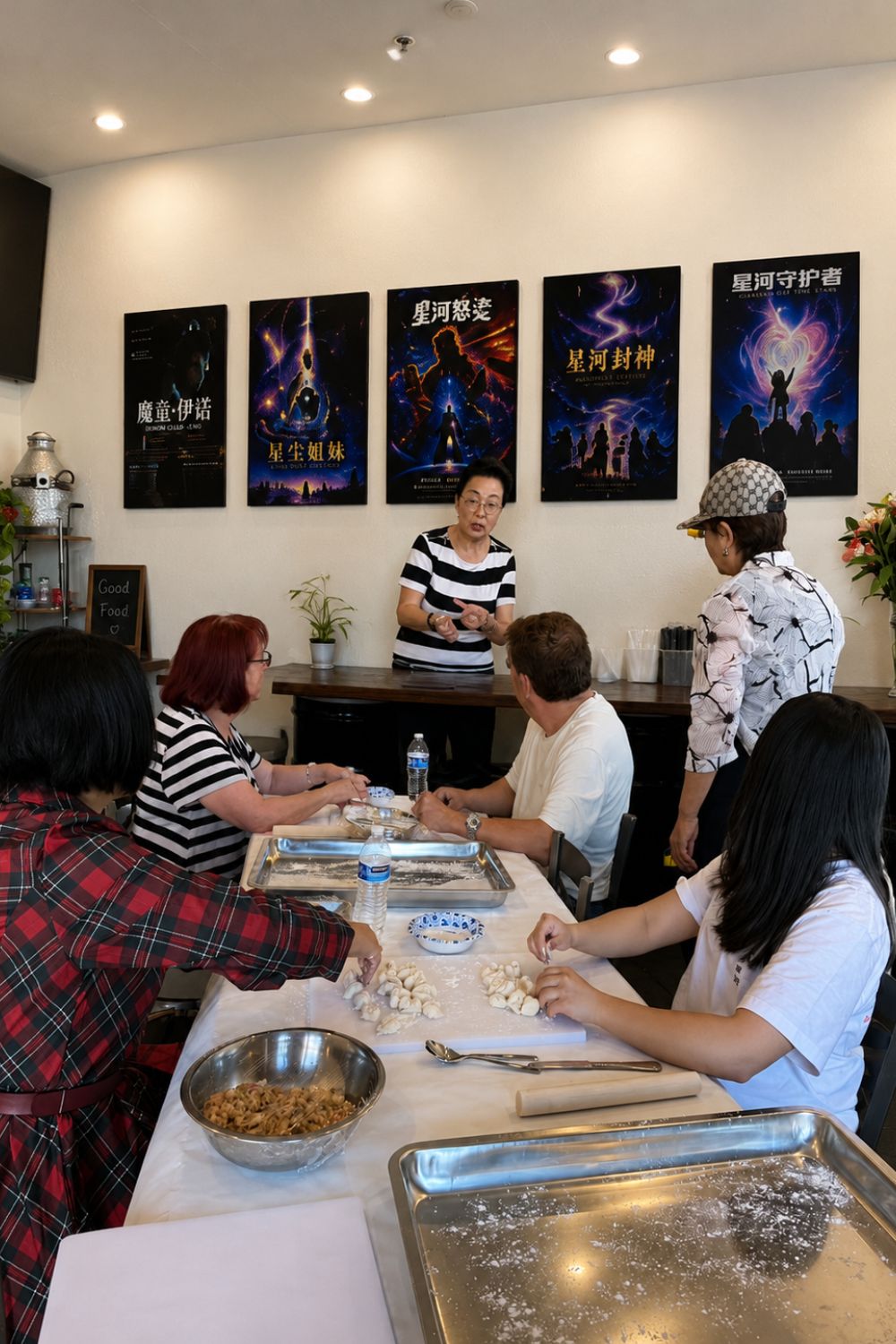 Adults join a handmade dumpling workshop inside the restaurant at ENÓ Dumplings of Love, Handmade Dumplings Restaurant in North Las Vegas
