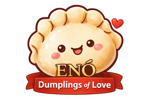 Cute cartoon dumpling brand logo sticker of the restaurant at ENÓ Dumplings of Love, Handmade Dumplings Restaurant in North Las Vegas