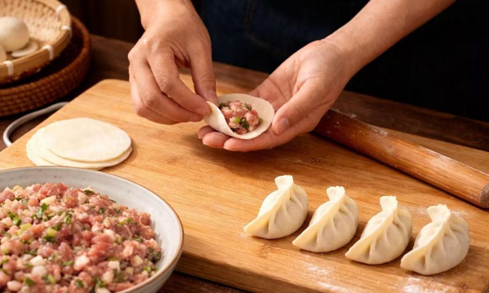 Hands wrapping pork green onion raw dumplings on wood board at ENÓ Dumplings of Love, Handmade Dumplings Restaurant in North Las Vegas