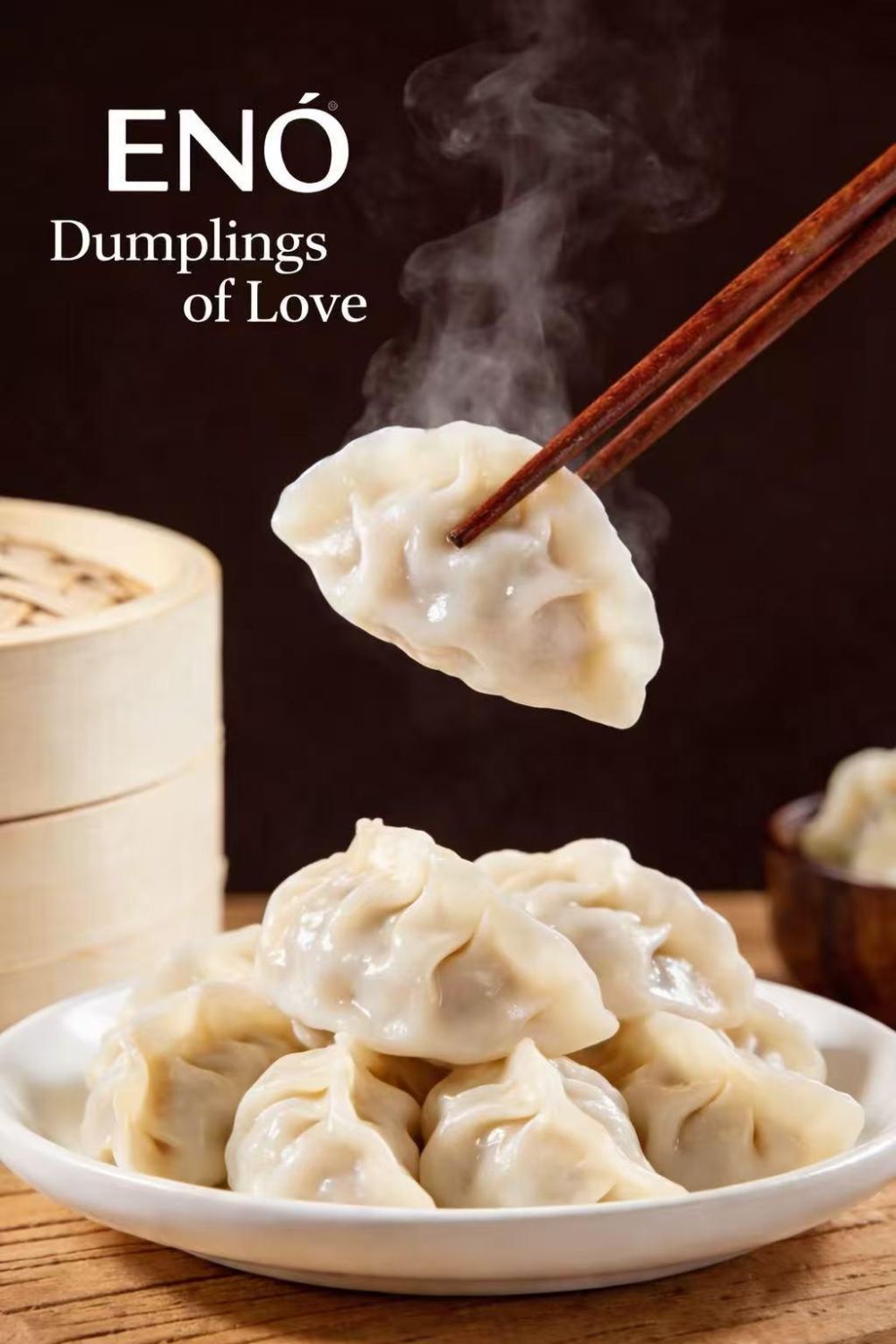 Steamed dumpling with steam held by wooden chopsticks at ENÓ Dumplings of Love, Handmade Dumplings Restaurant in North Las Vegas