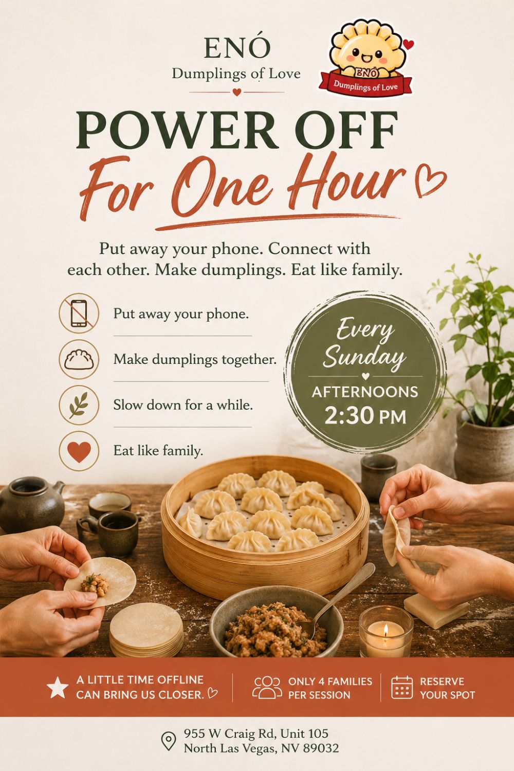 Sunday offline poster for family dumpling bonding activity at ENÓ Dumplings of Love, Handmade Dumplings Restaurant in North Las Vegas
