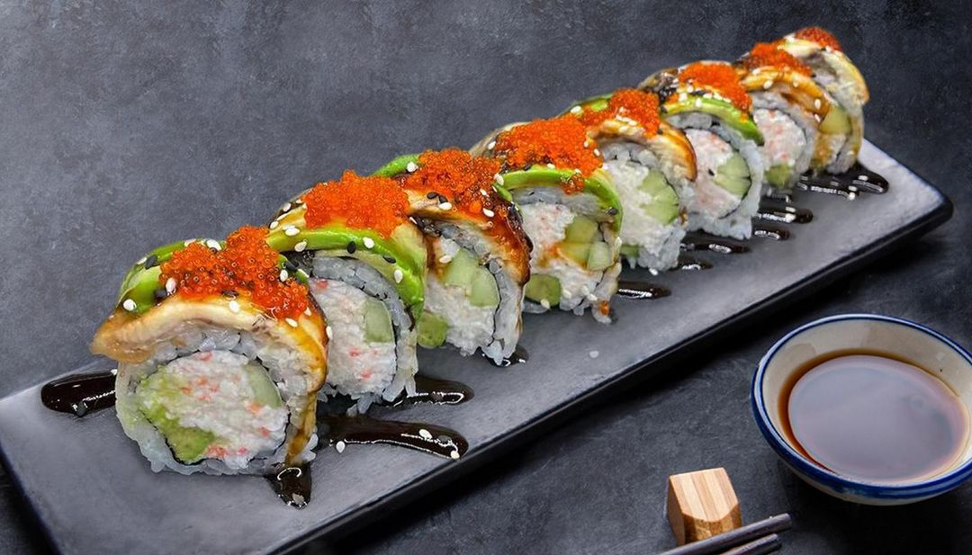 Dragon sushi roll with eel and caviar at Botan Sushi, a Japanese Restaurant in Irvine