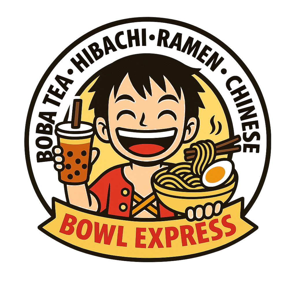 Logo of Bowl Express featuring a cheerful cartoon character holding boba tea and a bowl of ramen, with text "BOBA TEA • HIBACHI • RAMEN • CHINESE" around