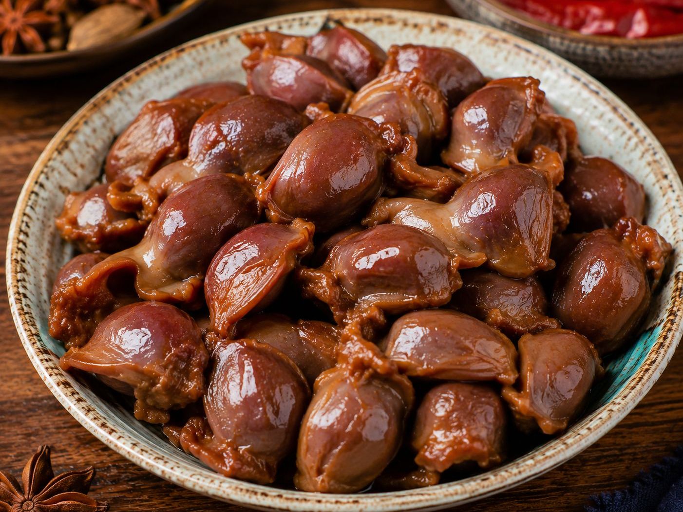 Glossy spiced marinated chicken gizzards in brown sauce at Braised Canaan, a Chinese Restaurant in Flushing