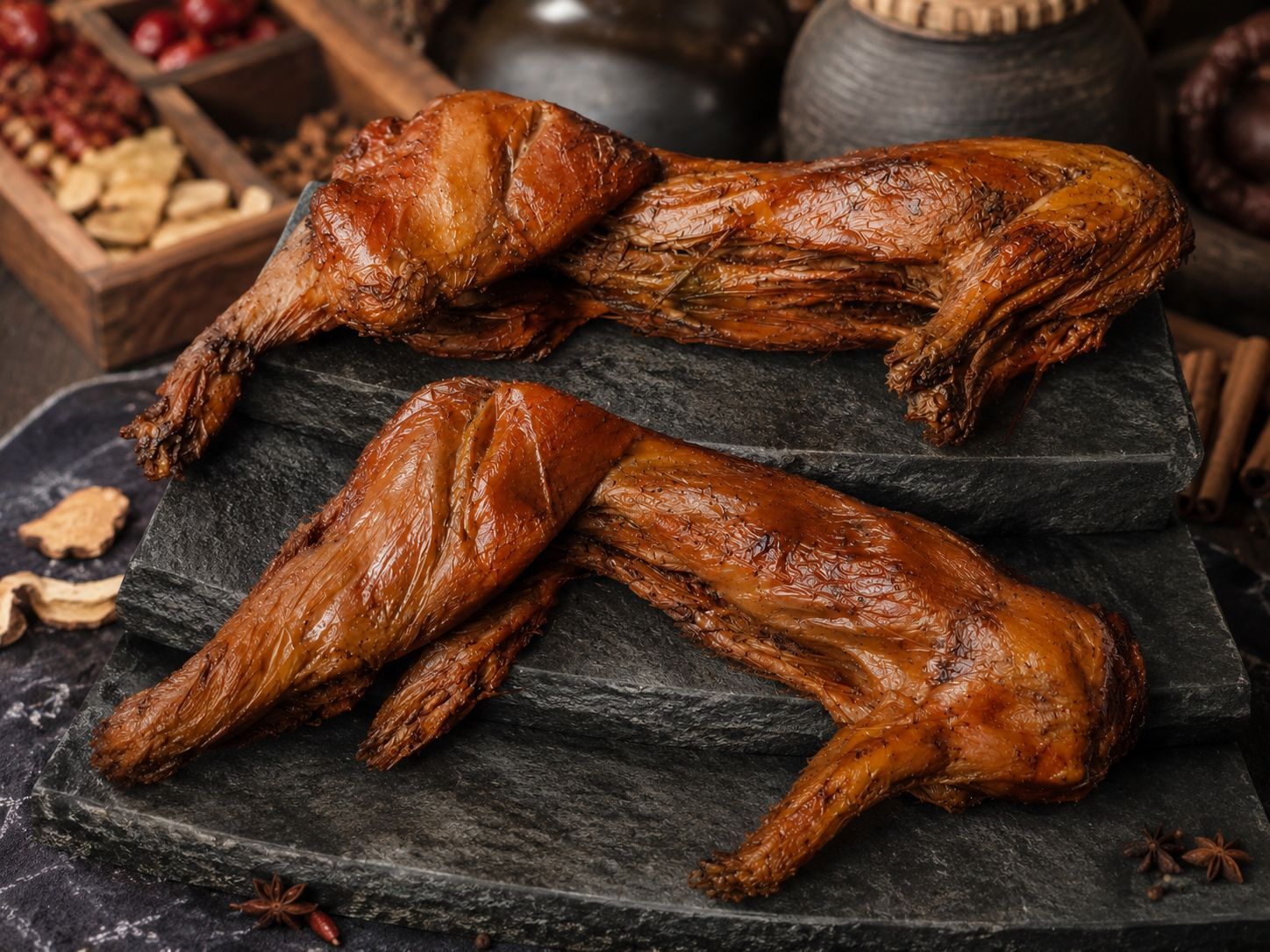 Spiced smoked whole rabbit legs with glossy brown skin at Braised Canaan, a Chinese Restaurant in Flushing
