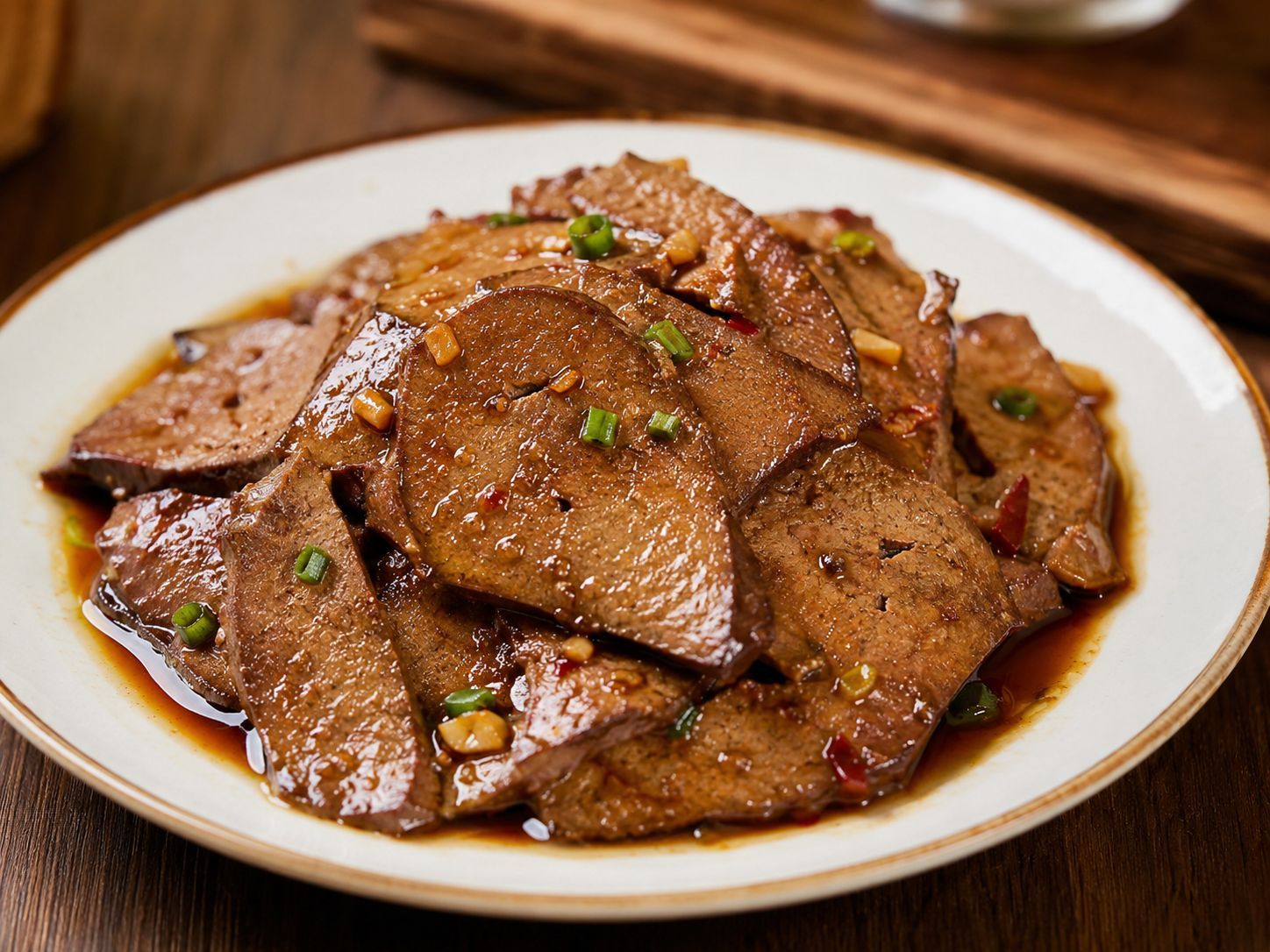 Sliced marinated pork liver in savory soy sauce with scallion at Braised Canaan, a Chinese Restaurant in Flushing