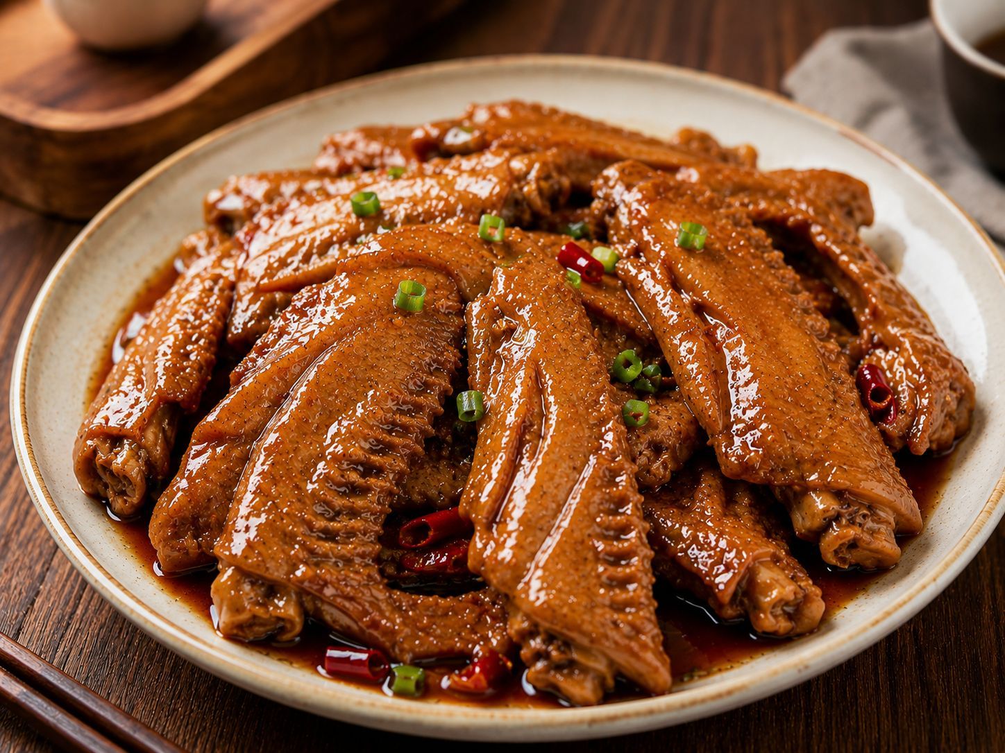 Spiced braised chicken wings topped with chili and green onion at Braised Canaan, a Chinese Restaurant in Flushing