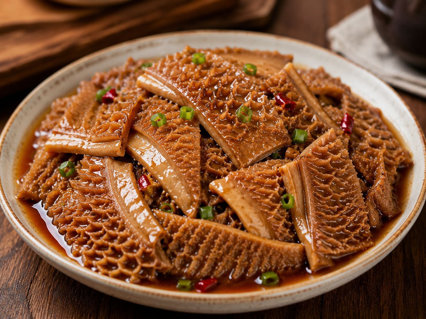 Savory braised honeycomb tripe garnished with fresh chili and scallion at Braised Canaan, a Chinese Restaurant in Flushing