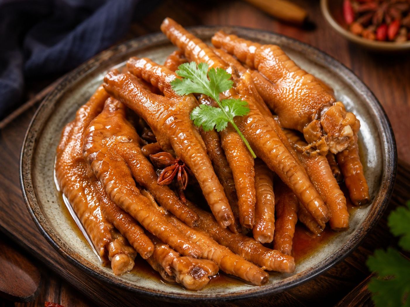 Glossy spiced braised chicken feet with cilantro and star anise at Braised Canaan, a Chinese Restaurant in Flushing
