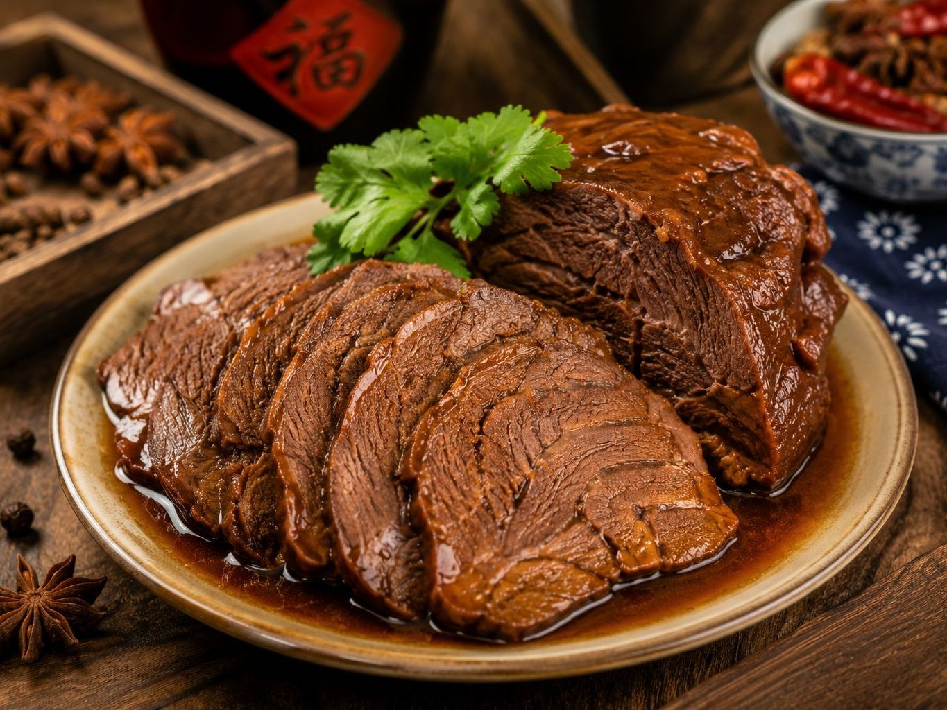 Sliced tender braised beef shank with fresh cilantro garnish at Braised Canaan, a Chinese Restaurant in Flushing
