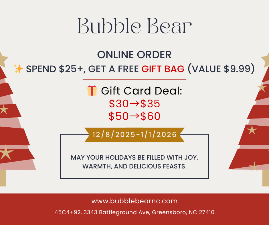 Bubble Bear holiday promo (Christmas trees): Online orders $25+ get free $9.99 gift bag; gift card deals