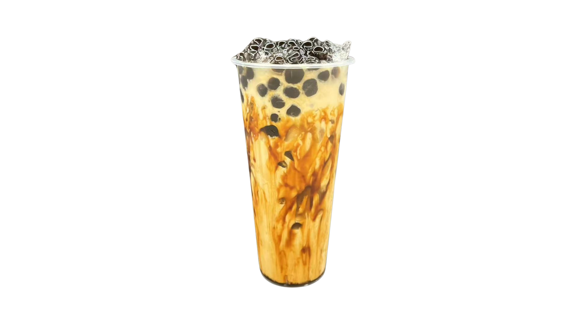 Bubble-Line-Bubble-Tea-Shop-Brown-sugar-milk-tea-Flushing A cup of brown sugar milk tea, with brown sugar syrup on the cup wall and pearls fully covering the top at Bubble Line, a Bubble Tea Shop in Flushing