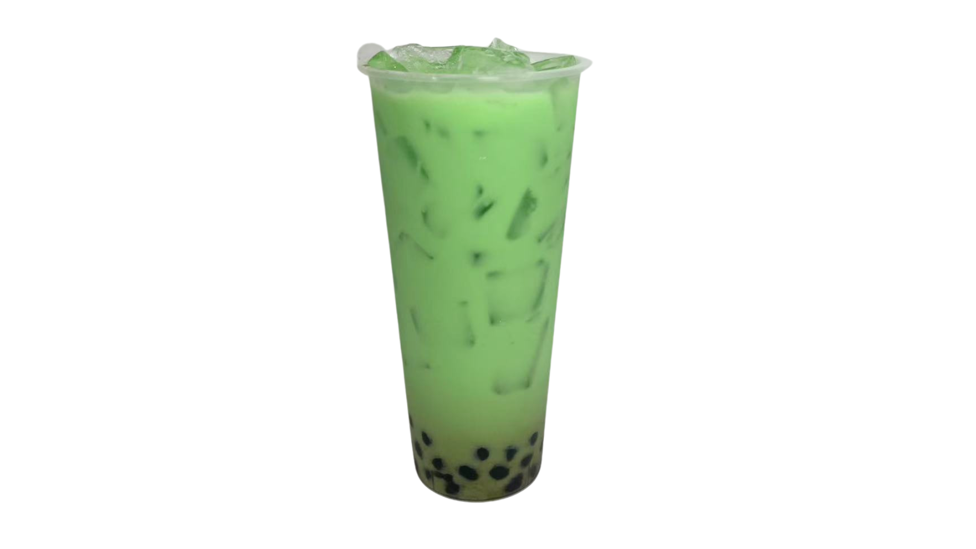 Bubble-Line-Bubble-Tea-Shop-Honeydew-milk-boba-Flushing Honeydew milk boba in a transparent cup, with light green tea soup, black pearls at the bottom, and ice cubes on top at Bubble Line, a Bubble Tea Shop in Flushing