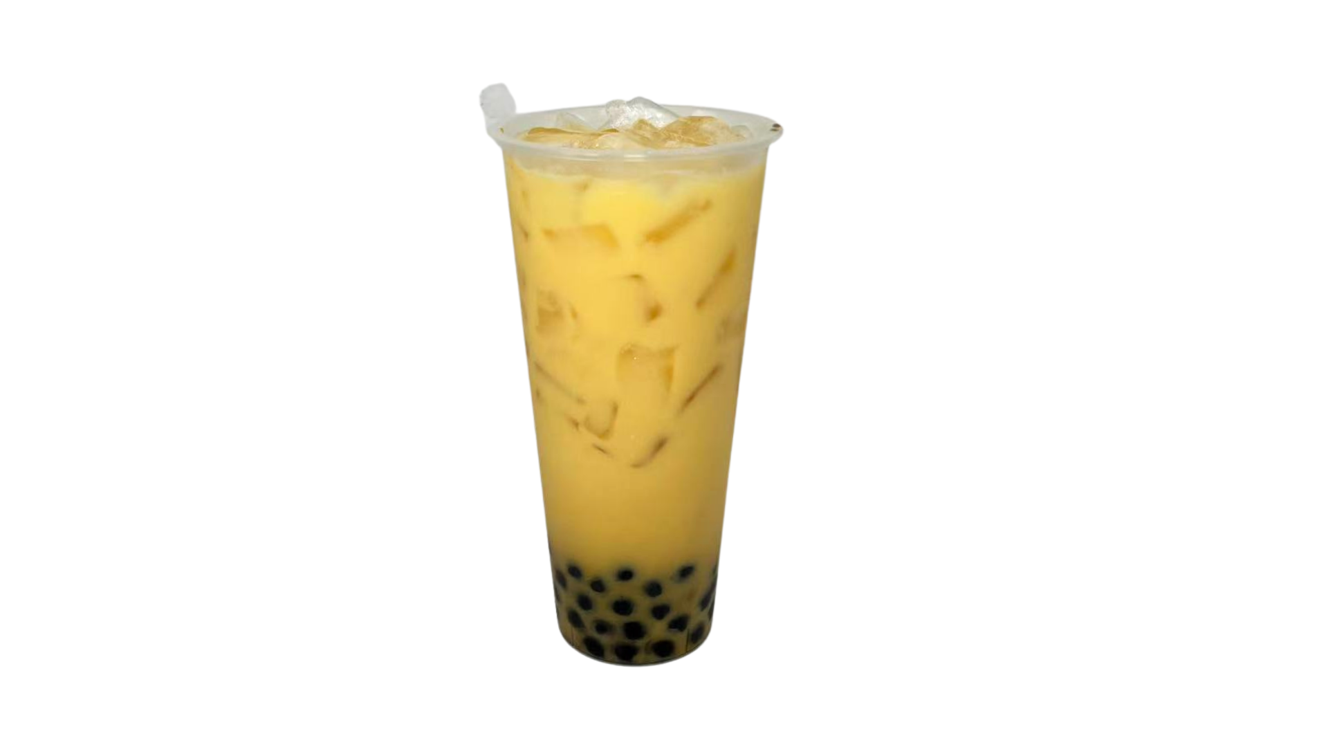 Bubble-Line-Bubble-Tea-Shop-Mango-milk-boba-Flushing Mango milk boba in a transparent cup, with bright yellow tea soup, black pearls at the bottom at Bubble Line, a Bubble Tea Shop in Flushing
