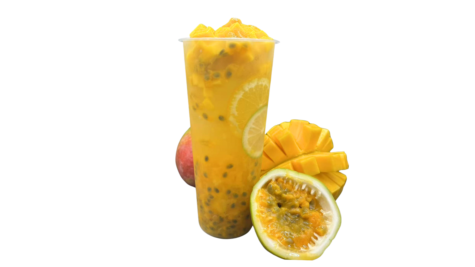 Bubble-Line-Bubble-Tea-Shop-Passion-fruit-mango-tea-Flushing Passion fruit mango tea in a transparent cup, with visible passion fruit seeds and lemon slices inside. Topped with mango chunks, and accompanied by a cut - open passion fruit and mango beside the cup at Bubble Line, a Bubble Tea Shop in Flushing