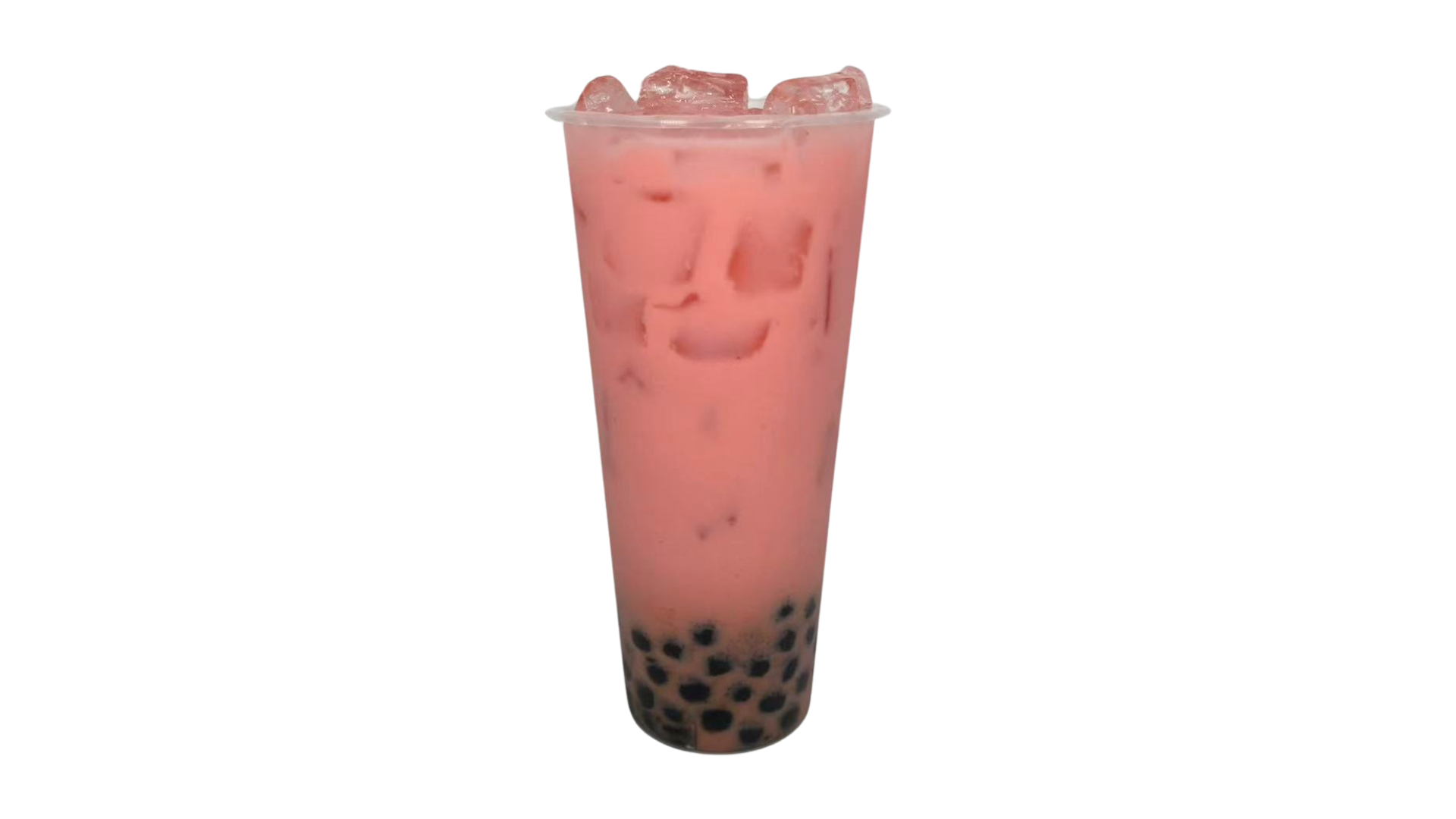 Bubble-Line-Bubble-Tea-Shop-Strawberry-milk-boba-Flushing Strawberry milk boba in a transparent cup, showing a pink color. Black pearls are visible at the bottom at Bubble Line, a Bubble Tea Shop in Flushing