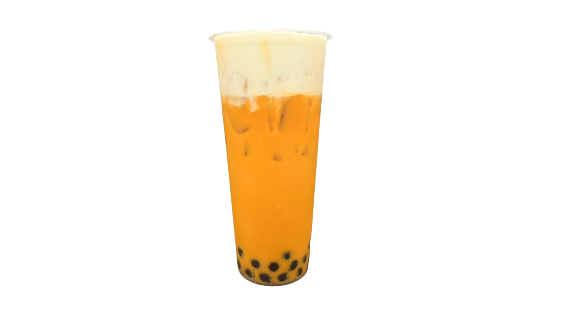 Bubble-Line-Bubble-Tea-Shop-Thai-tea-Flushing Thai tea in a transparent cup, showing layers of rich orange tea soup and milk foam, with black pearls visible at the bottom at Bubble Line, a Bubble Tea Shop in Flushing