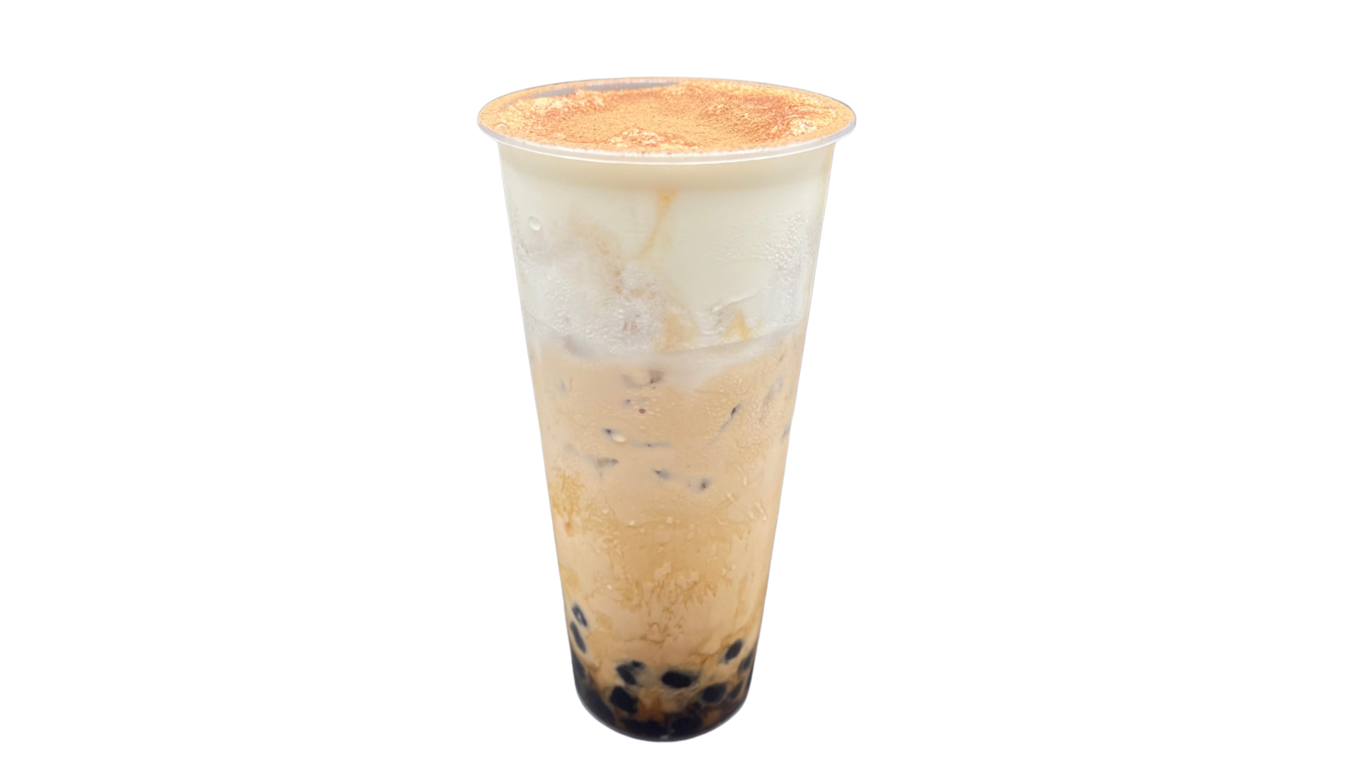 Bubble-Line-Bubble-Tea-Shop-Tiramisu-milk-tea-Flushing Tiramisu milk tea in a transparent cup, showing layers of Bubble Tea - colored base, milk foam, topped with cocoa powder, and black pearls visible at the bottom at Bubble Line, a Bubble Tea Shop in Flushing