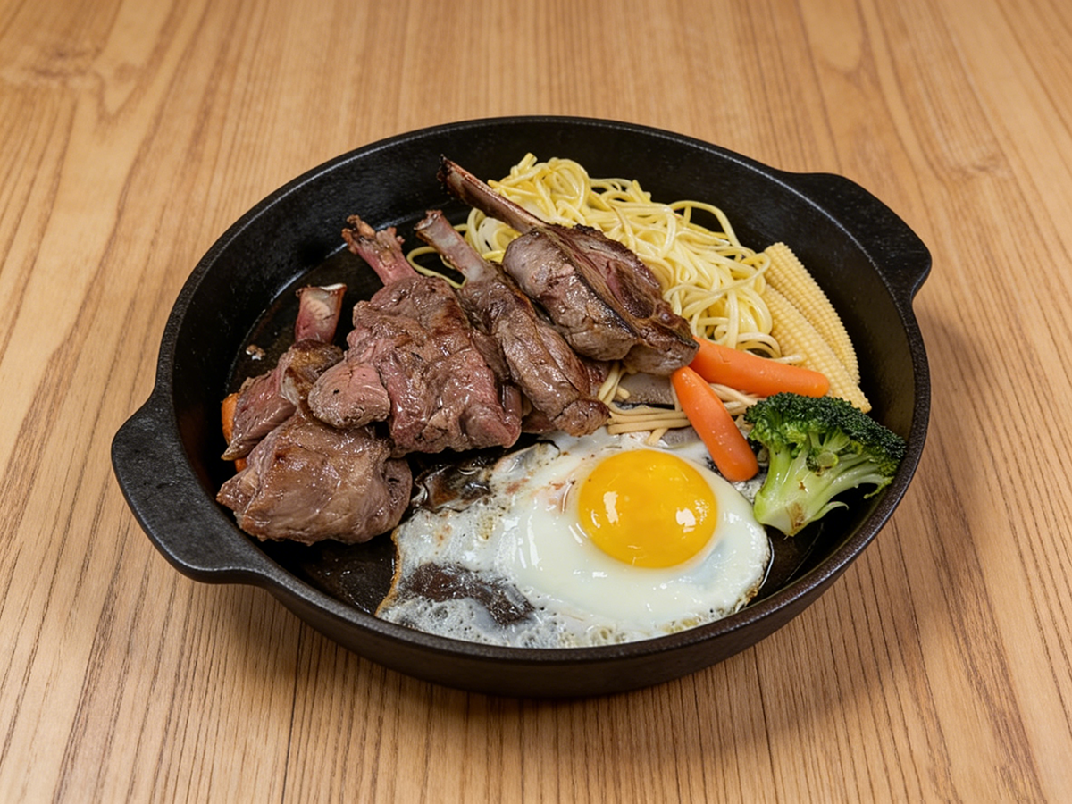 Grilled lamb chops with spaghetti, fried egg and vegetables at Bull King Steak House，a Asian Fusion Steakhouse in Glendale