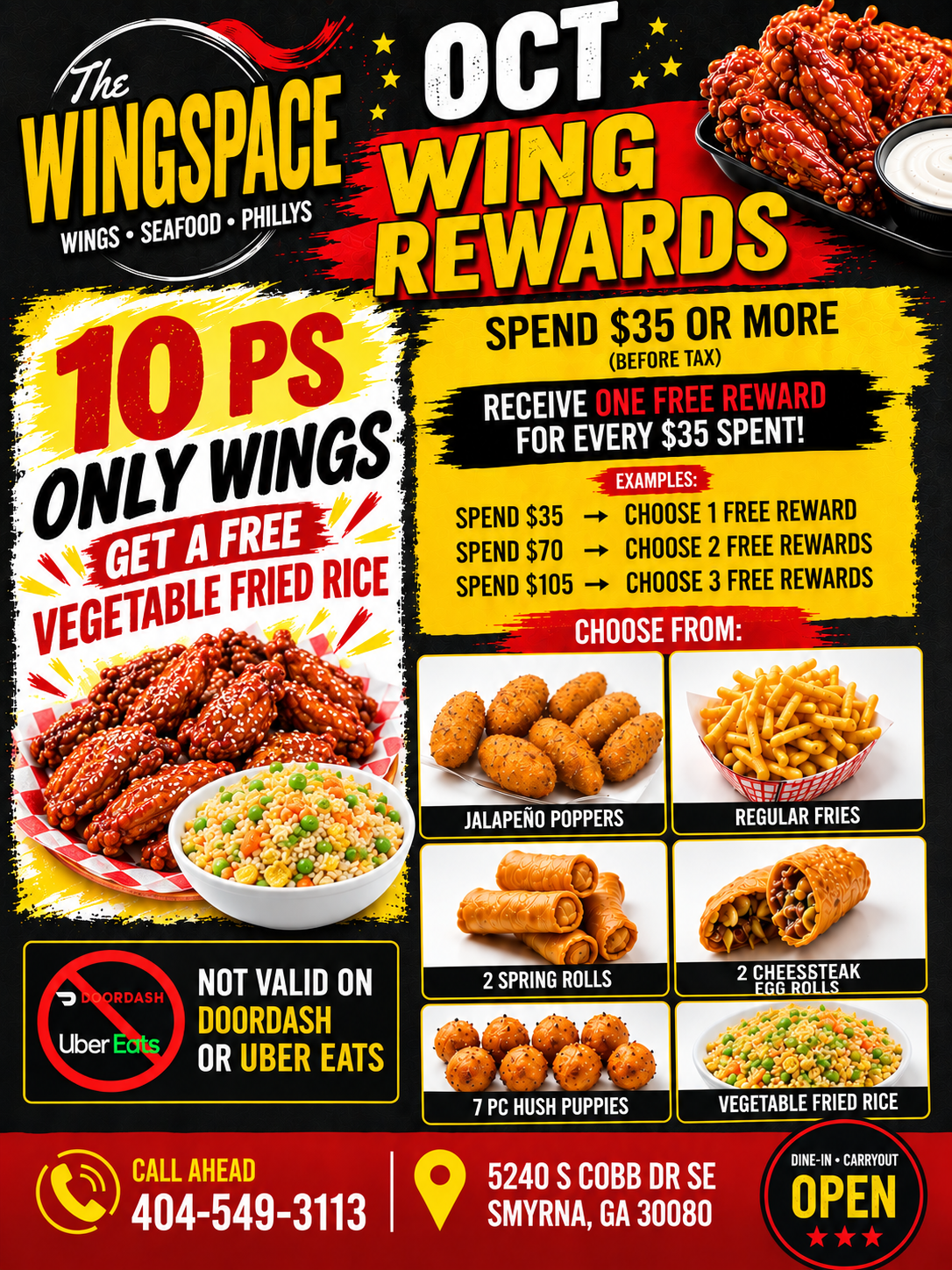 Promotional poster for The Wingspace October rewards. Get free vegetable fried rice with 10-piece wings; earn free rewards when spending $35+, includes menu images, address and contact info.