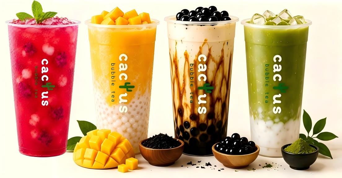 Four varied Cactus bubble tea cups with raw ingredients