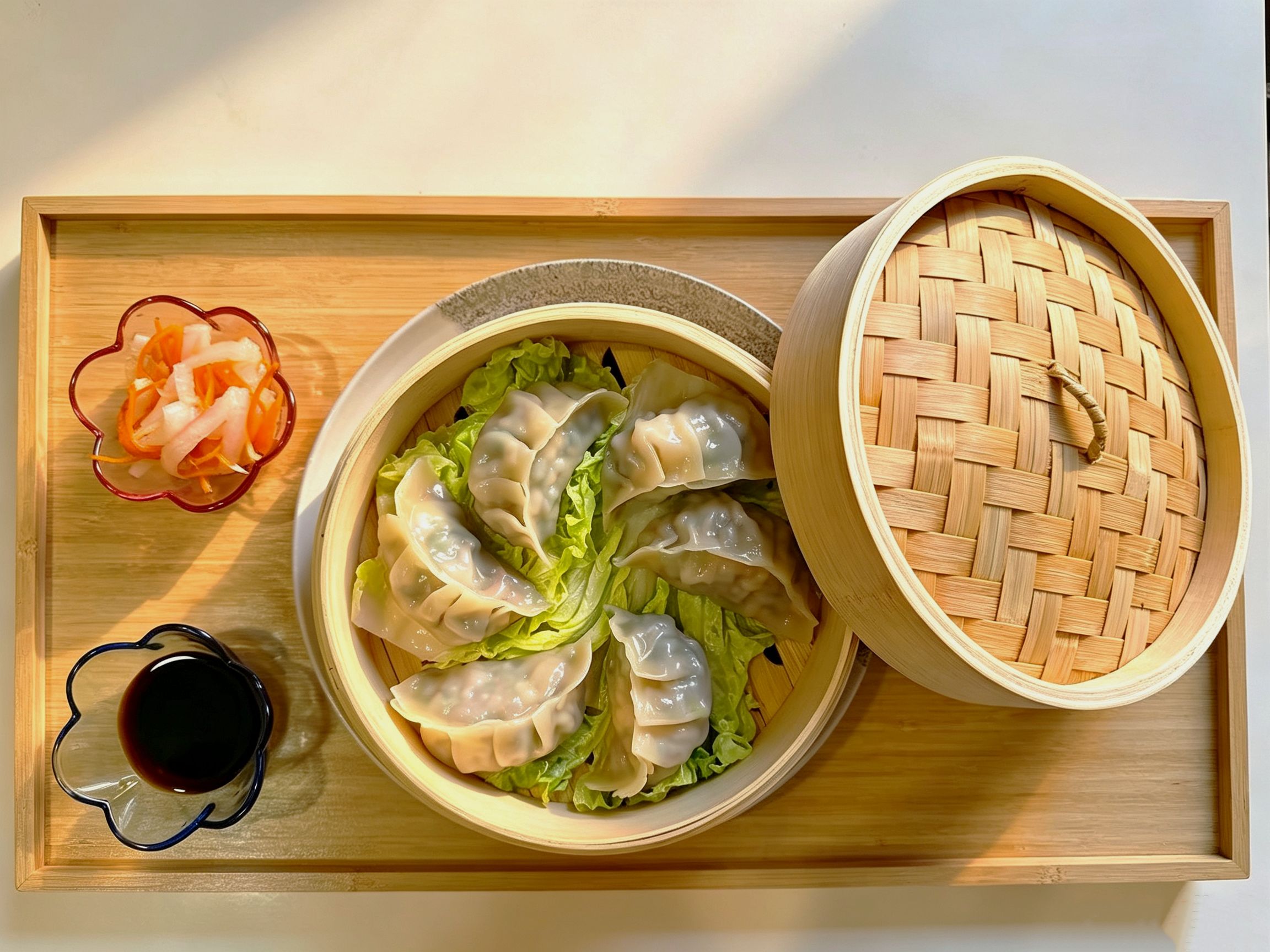 Steamed dumplings in bamboo steamer with soy sauce and pickled vegetable side dishes at Cafe On Seneca, an Asian Fusion Restaurant in Ridgewood Steamed dumplings in bamboo steamer with soy sauce and pickled vegetable side dishes at Cafe On Seneca, an Asian Fusion Restaurant in Ridgewood