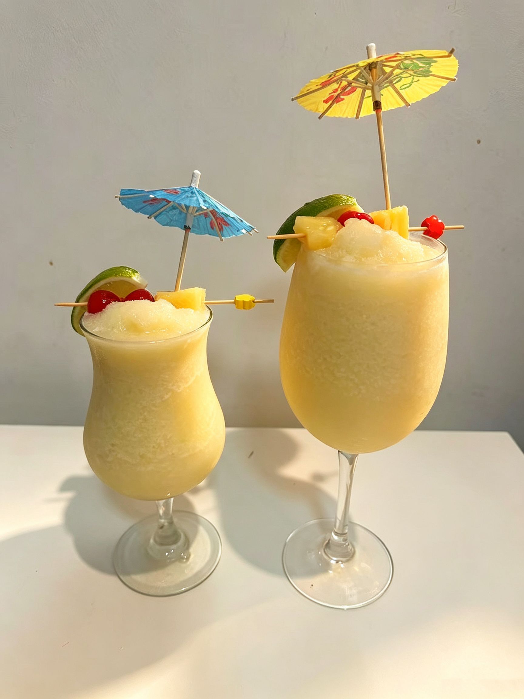 Two yellow pineapple frozen cocktails topped with fruit skewers and mini paper umbrellas at Cafe On Seneca, an Asian Fusion Restaurant in Ridgewood