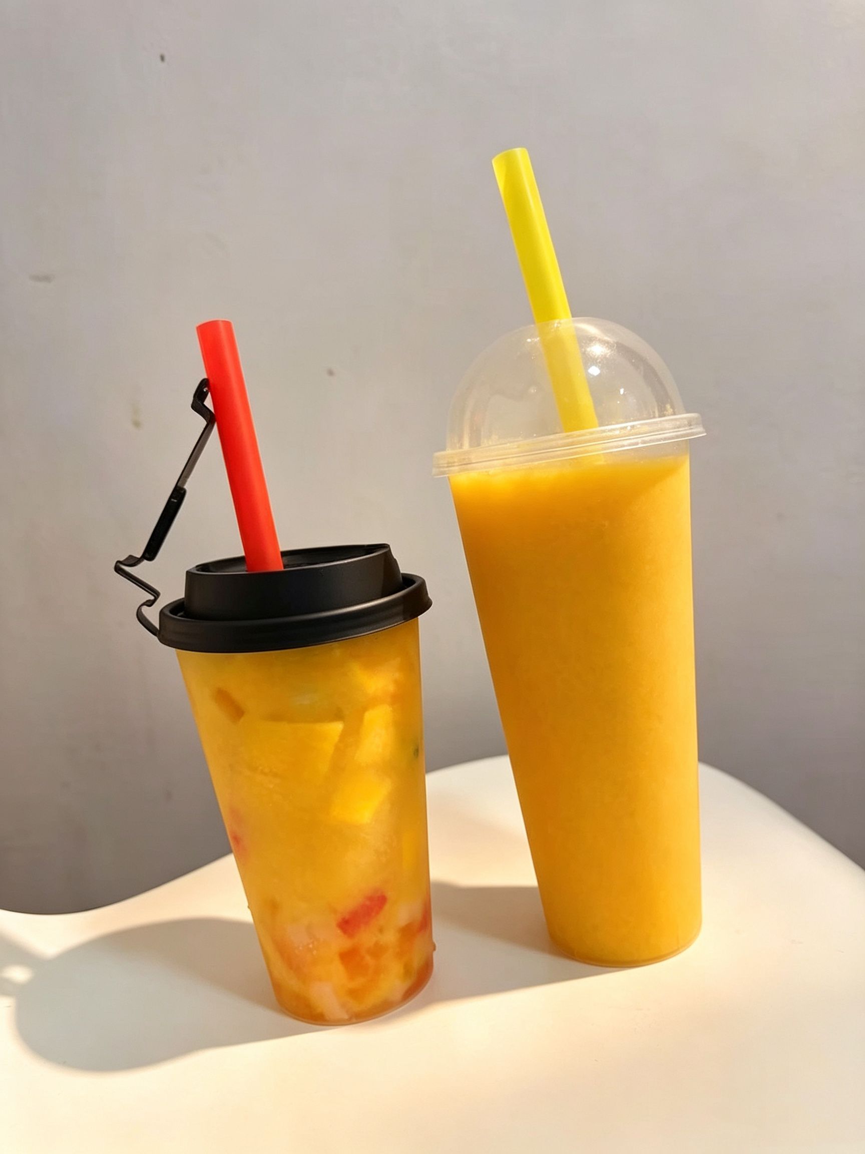 Two plastic to-go cups filled with thick tropical mango fruit smoothies with straws at Cafe On Seneca, an Asian Fusion Restaurant in Ridgewood