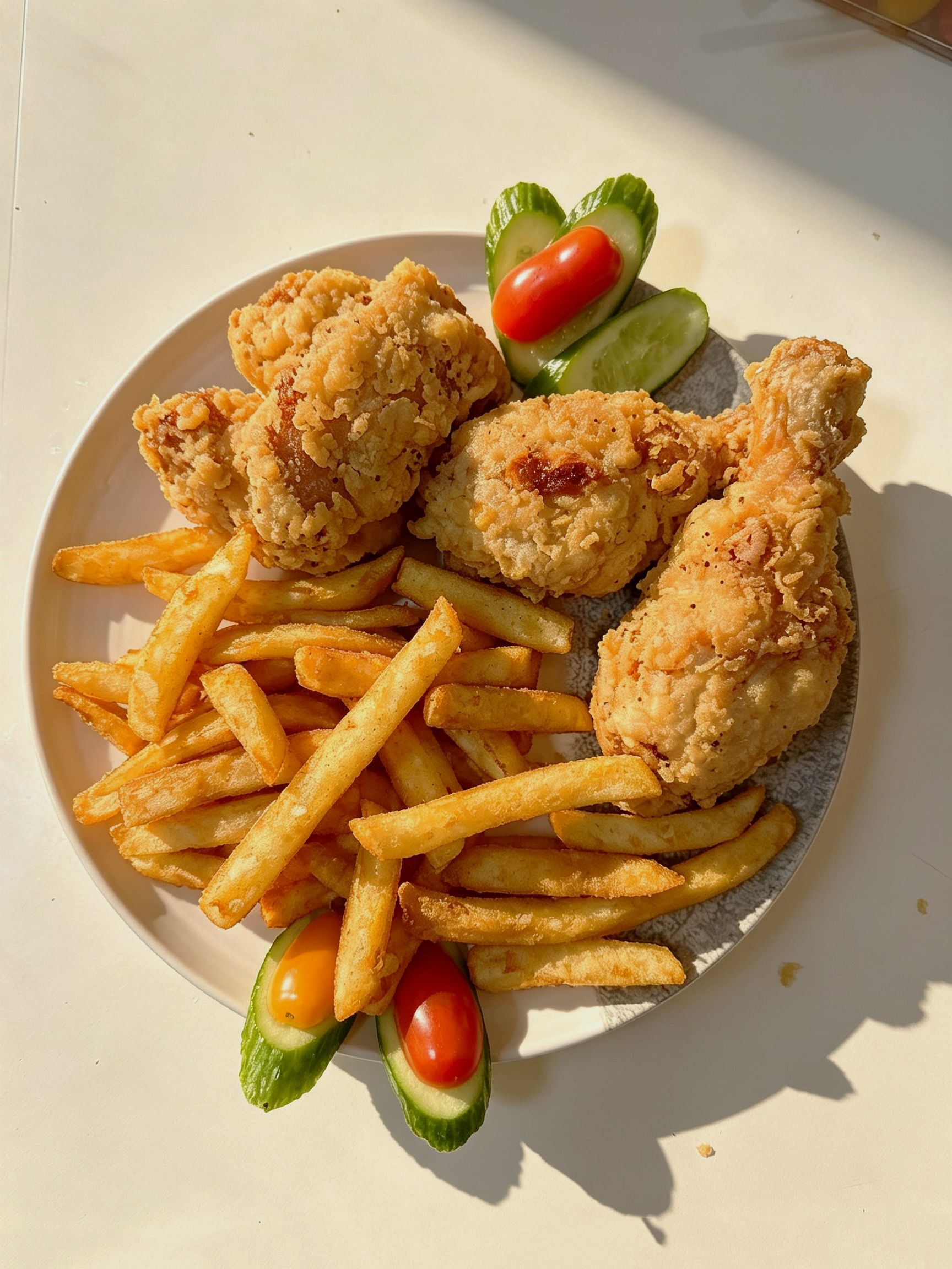 Crispy fried chicken combo with thick french fries and cucumber tomato garnish at Cafe On Seneca, an Asian Fusion Restaurant in Ridgewood