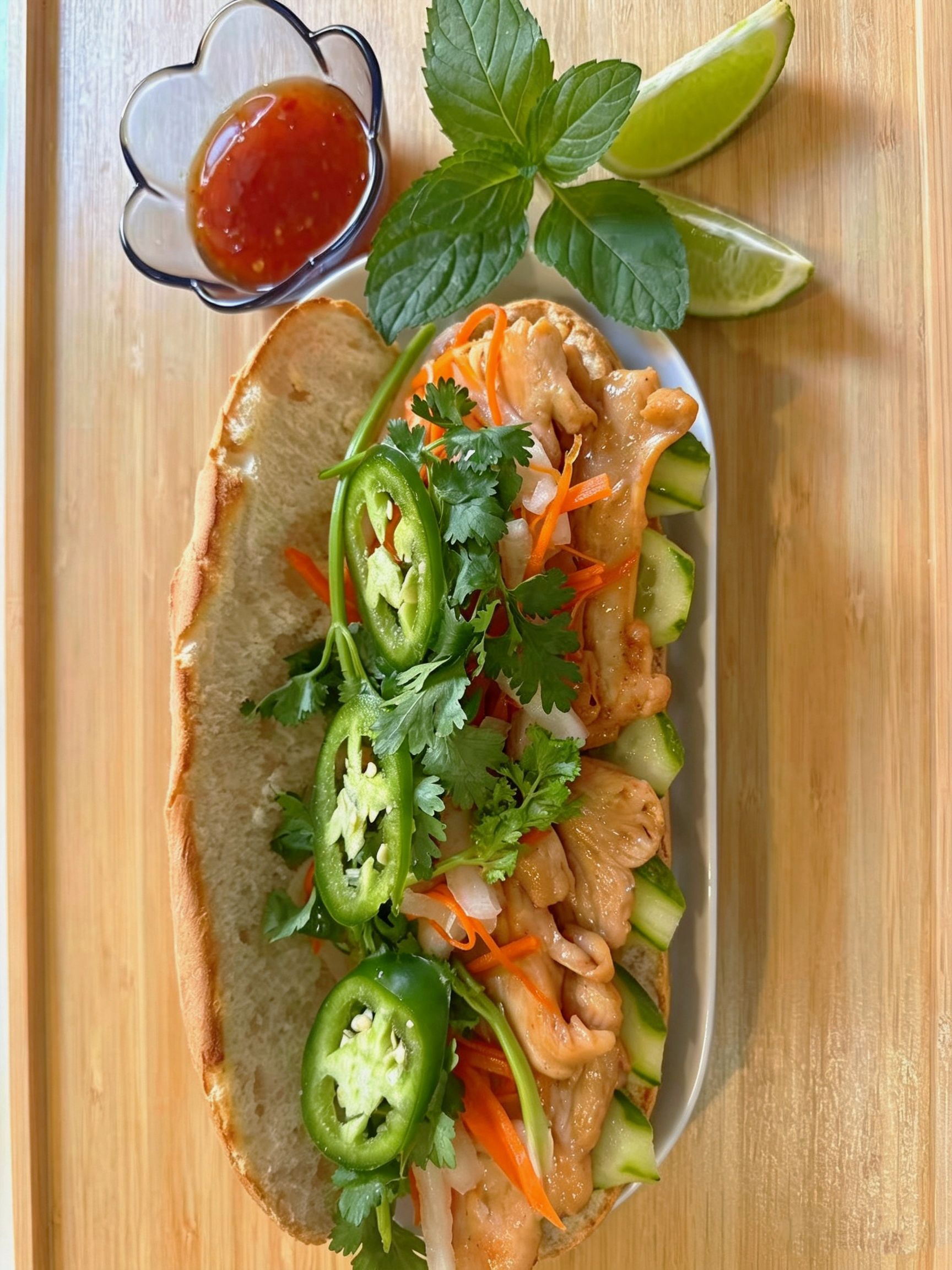 Grilled chicken banh mi filled with fresh herbs, jalapeno and pickled veggies with chili sauce at Cafe On Seneca, an Asian Fusion Restaurant in Ridgewood