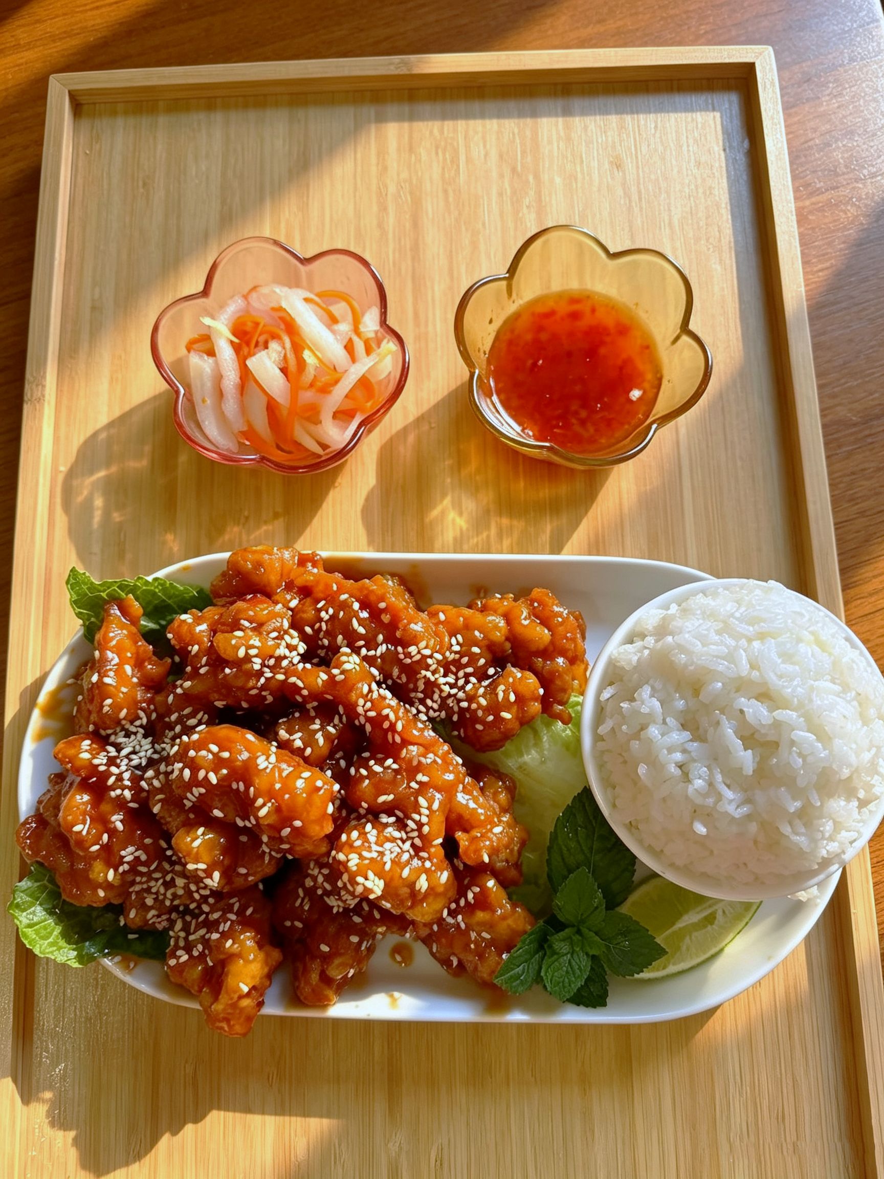 Sesame glazed sweet chicken served with steamed rice, pickled veggies and chili dipping sauce at Cafe On Seneca, an Asian Fusion Restaurant in Ridgewood