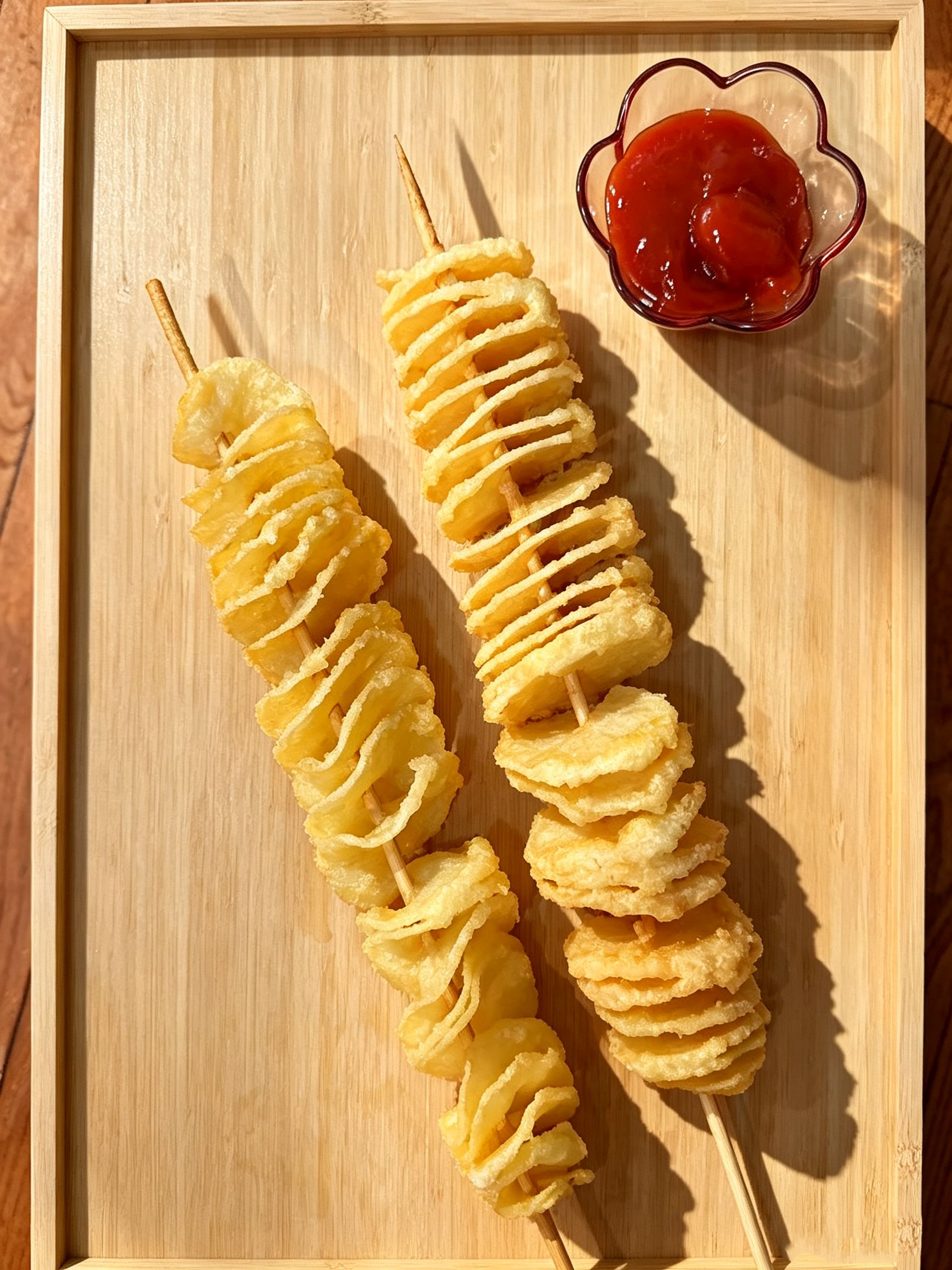 Two crispy spiral potato skewers served with small bowl of tomato ketchup at Cafe On Seneca, an Asian Fusion Restaurant in Ridgewood