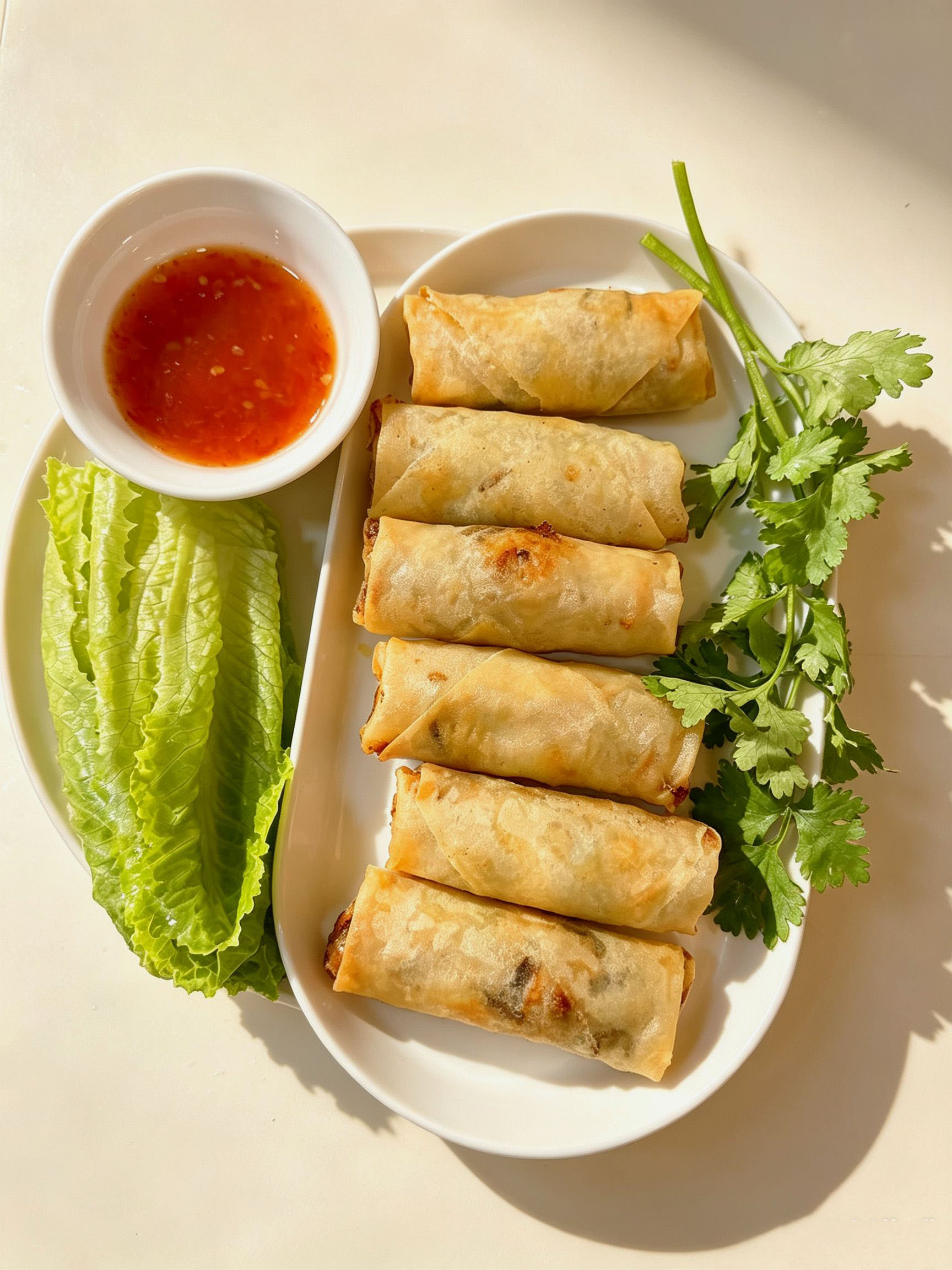 Six crispy fried spring rolls served with sweet chili dipping sauce, lettuce and cilantro at Cafe On Seneca, an Asian Fusion Restaurant in Ridgewood
