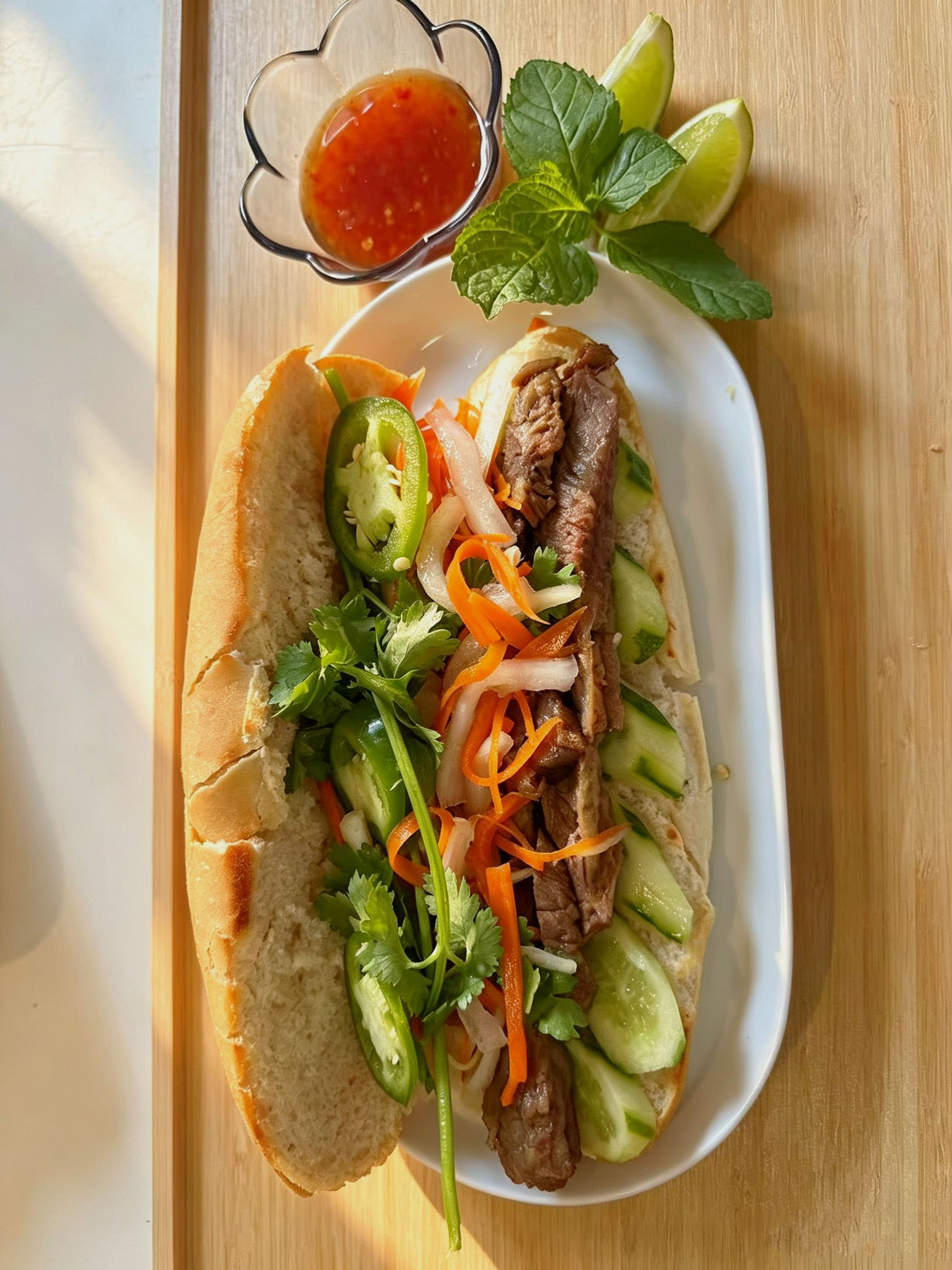 Single grilled beef banh mi filled with cucumber, jalapeno, herbs and pickled carrot radish at Cafe On Seneca, an Asian Fusion Restaurant in Ridgewood