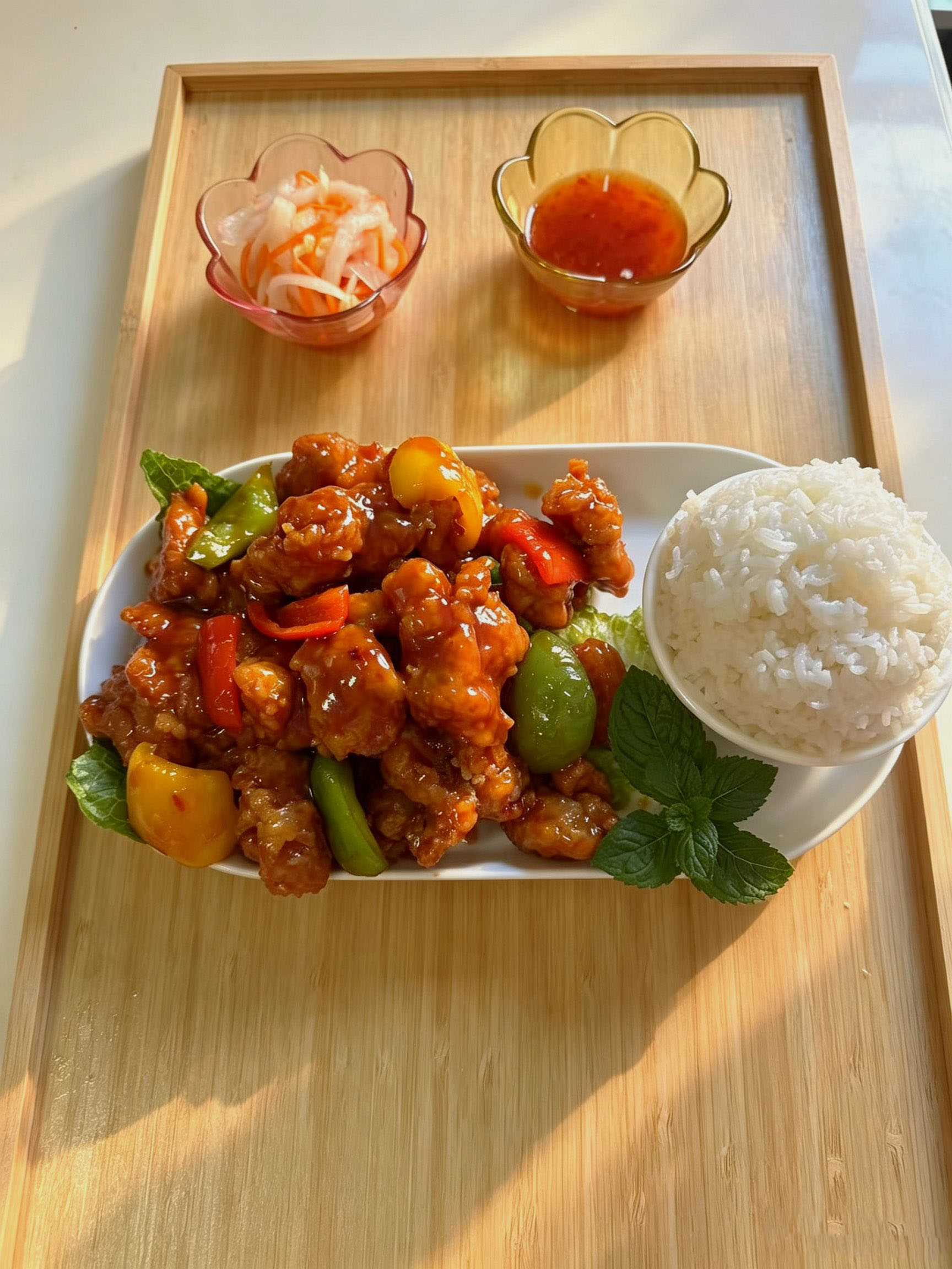 Sweet sour stir-fried chicken with bell peppers, white rice and small side pickled radish slaw at Cafe On Seneca, an Asian Fusion Restaurant in Ridgewood