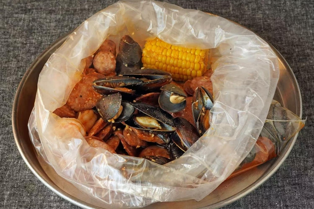 Mussels, shrimp and sausage boil bag at Cajun Express, a Seafood Restaurant in St Paul