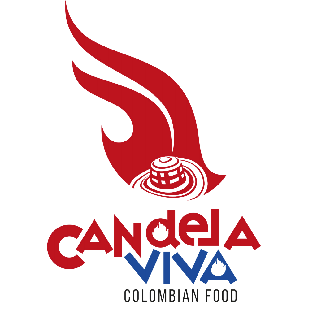 Logo of "Candela Viva Colombian Food" featuring a red flame-like design with a stylized element and the text "CANDELA VIVA" in red and blue, along with "COLOMBIAN FOOD" in black.